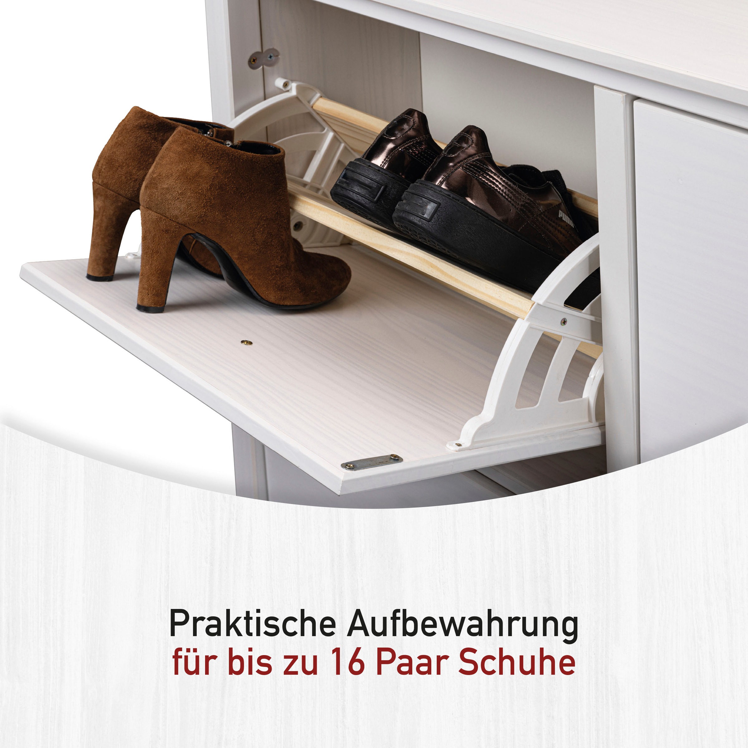Inter Link Schuhkipper »Pinora, Kiefer Massivholz, Weiss, 107 x 25 x 101 cm, 16 paar Schuhe« 1 Stk. tlg. Schuhschrank im modernem Skandi Look, 4 Klappen, Schuhkommode