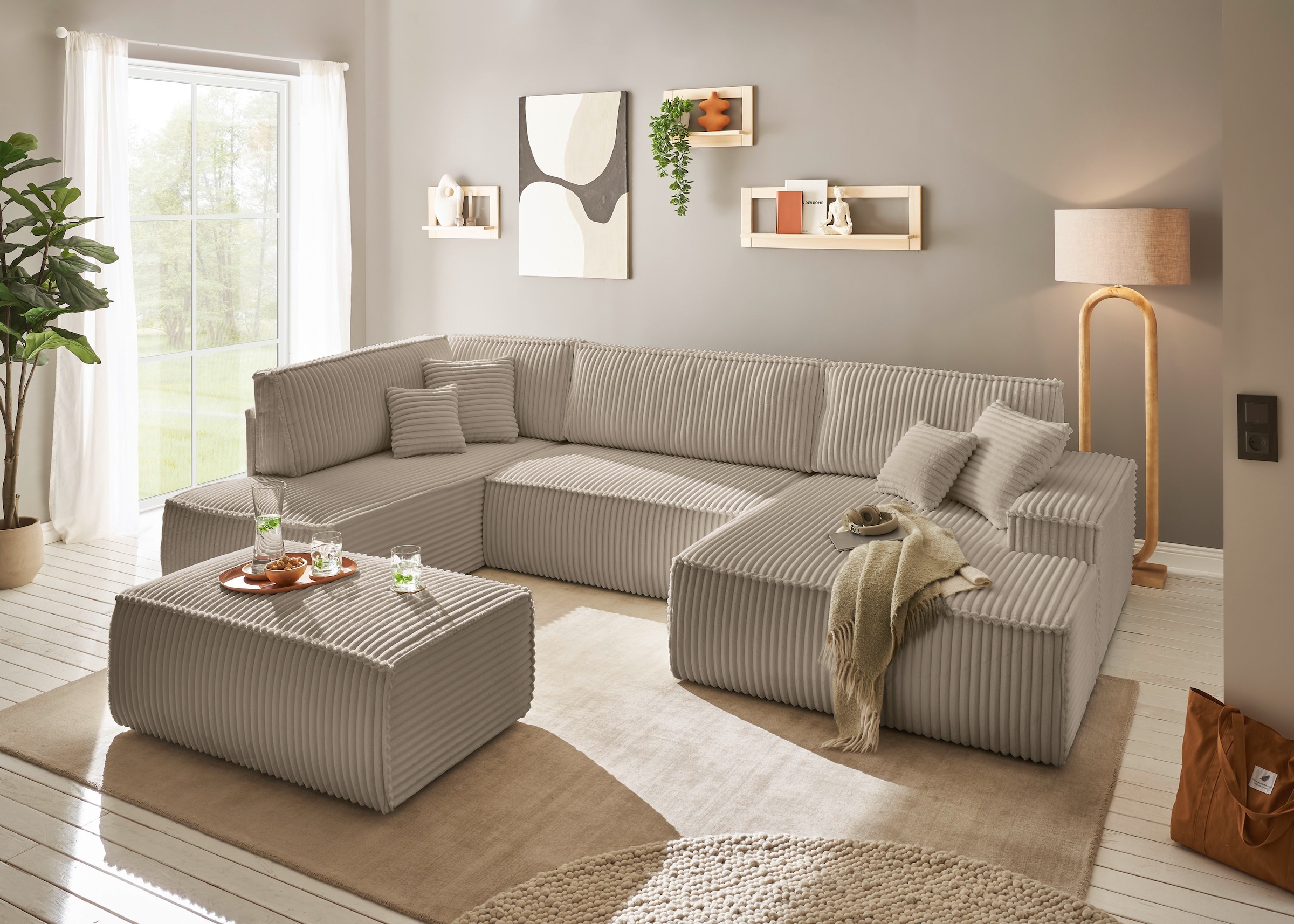 andas Wohnlandschaft »FINNLEY U-Form XXL 329 cm, Schlafsofa, Schlaffunktion m. Bettkasten«, (194/139 cm), Bouclé, Struktur und Cord