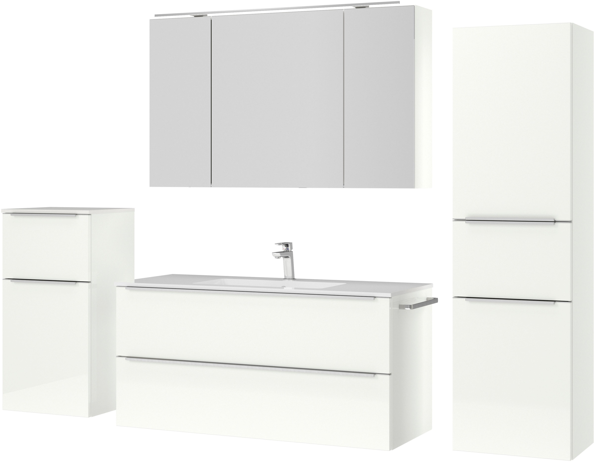 nobilia® Badmöbel-Set »Levere«, (4 St., vormontiert, mit Soft-Close), inkl. Spiegelschrank mit Beleuchtung und Dimmerfunktion, in 4 Breiten