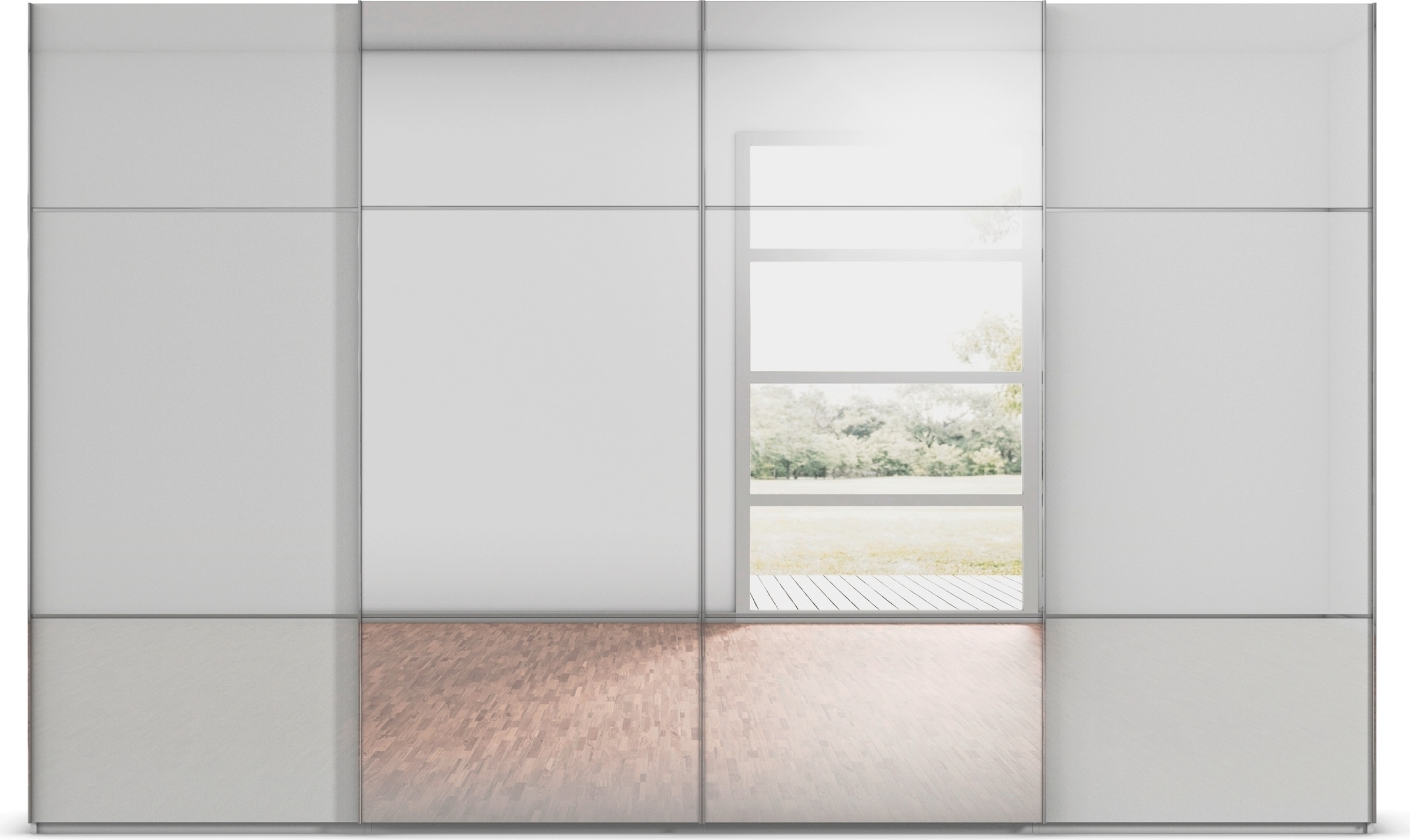 rauch Schwebetürenschrank »Kleiderschrank Schrank Garderobe Schlafzimmerschrank SCALE-TRIO«, edle dreigeteilte Front mit 2 Zierleisten Spiegel/Glas MADE IN GERMANY