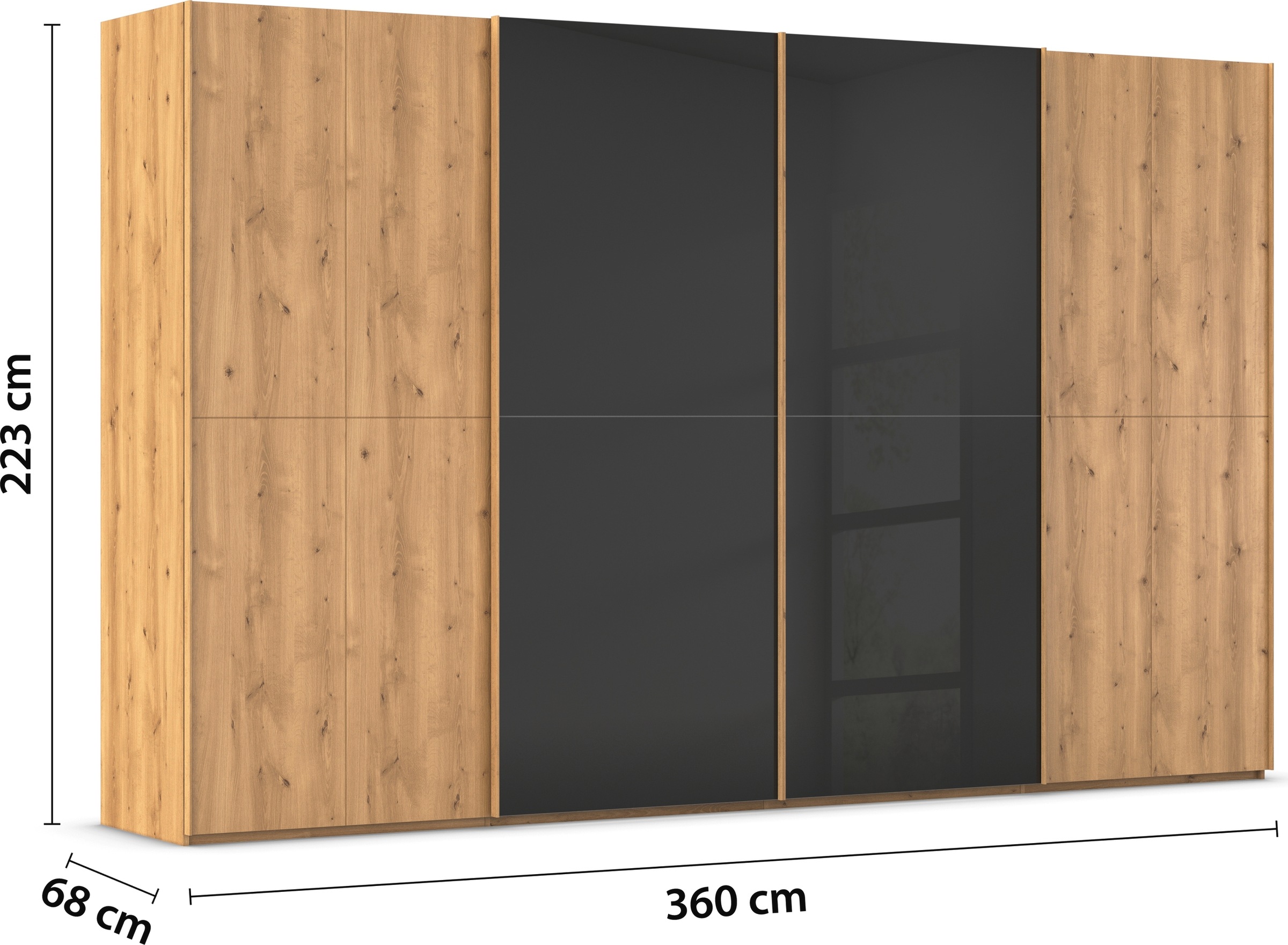 rauch Schwebetürenschrank »Kleiderschrank Schrank Garderobe Schlafzimmerschrank SCALE-WOOD«, edle geteilte Front in massiver Asteiche mit Glastüren MADE IN GERMANY