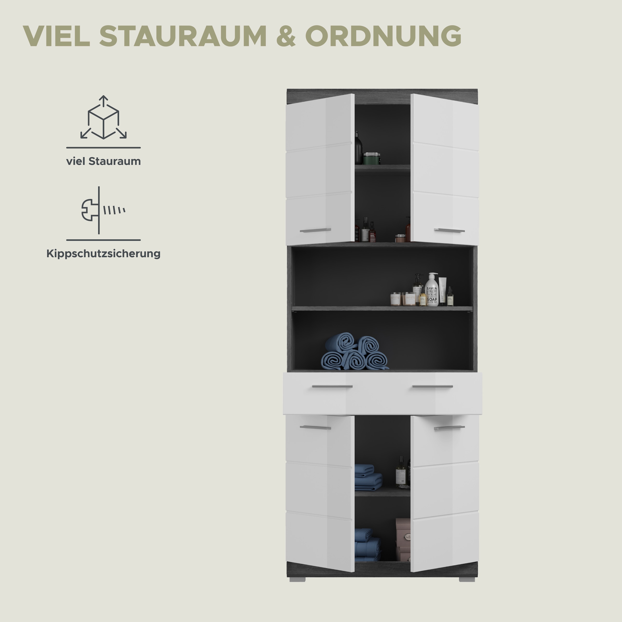 INOSIGN Hochschrank »Siena, Breite 74cm, 4 Türen, 1 Schubkasten, 2 offene Fächer, MDF-Front«, in verschiedenen Farben erhältlich, Badmöbel, Badschrank, Schrank, Bad