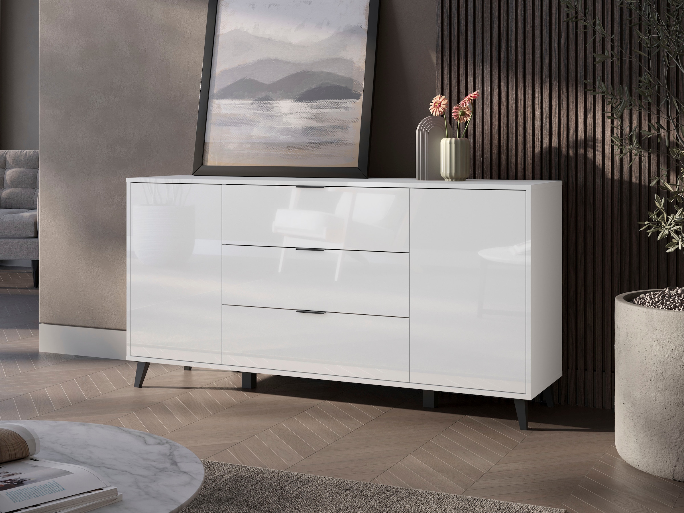 OTTO home Sideboard »Oslo, B/H/T: 150/76/39,5 cm« 3 Schubladen, 2 Türen mit Push-to-open, schwarze Metallgriffe