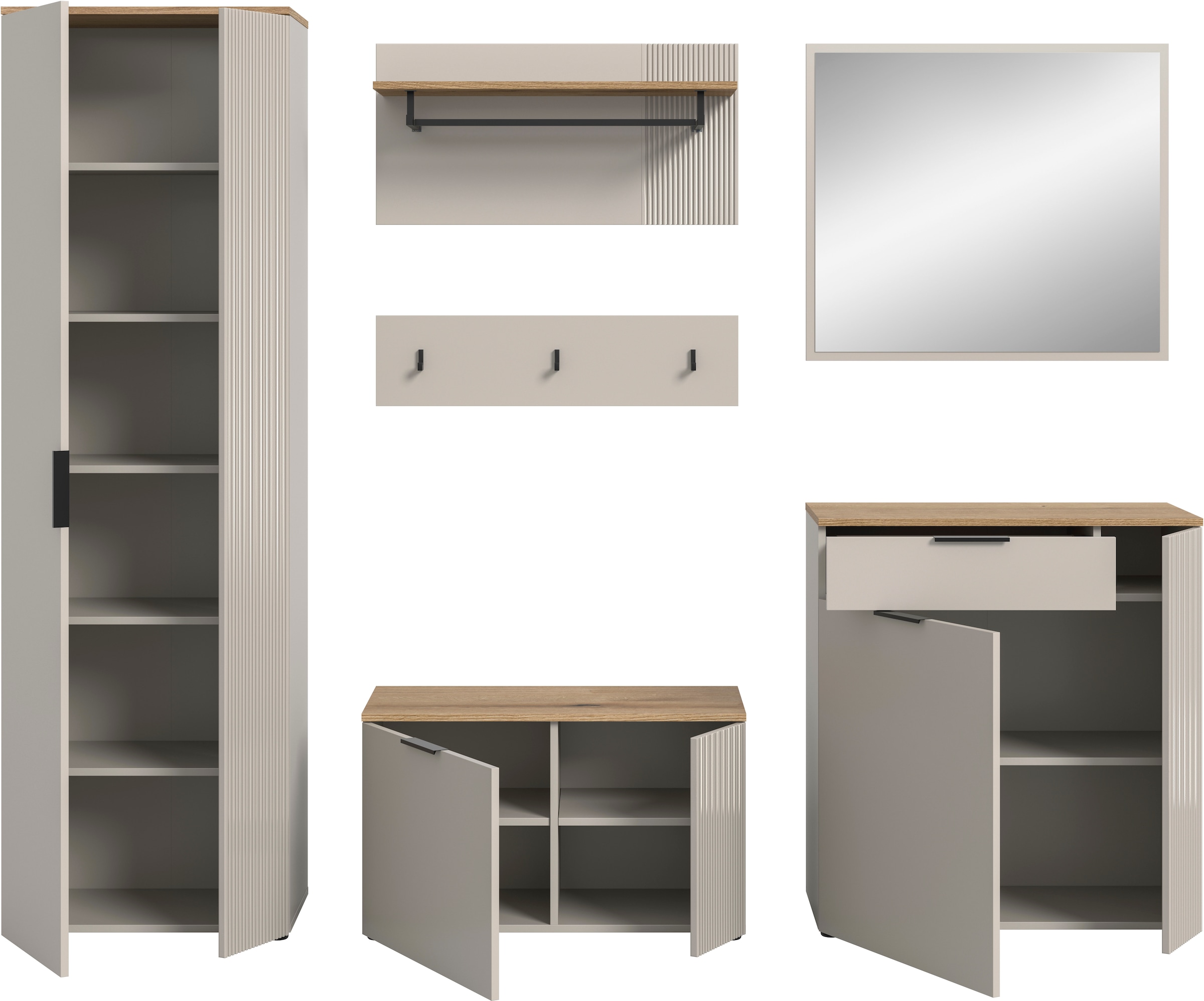 INOSIGN Garderoben-Set »EDIL, Breite 250 cm, 6-teilig, Front mit hochwertiger Längstfräsung« Set, Hochschrank, Sitzbank, Paneel, Hakenleiste, Kommode & Spiegel, 5 Stk. tlg.