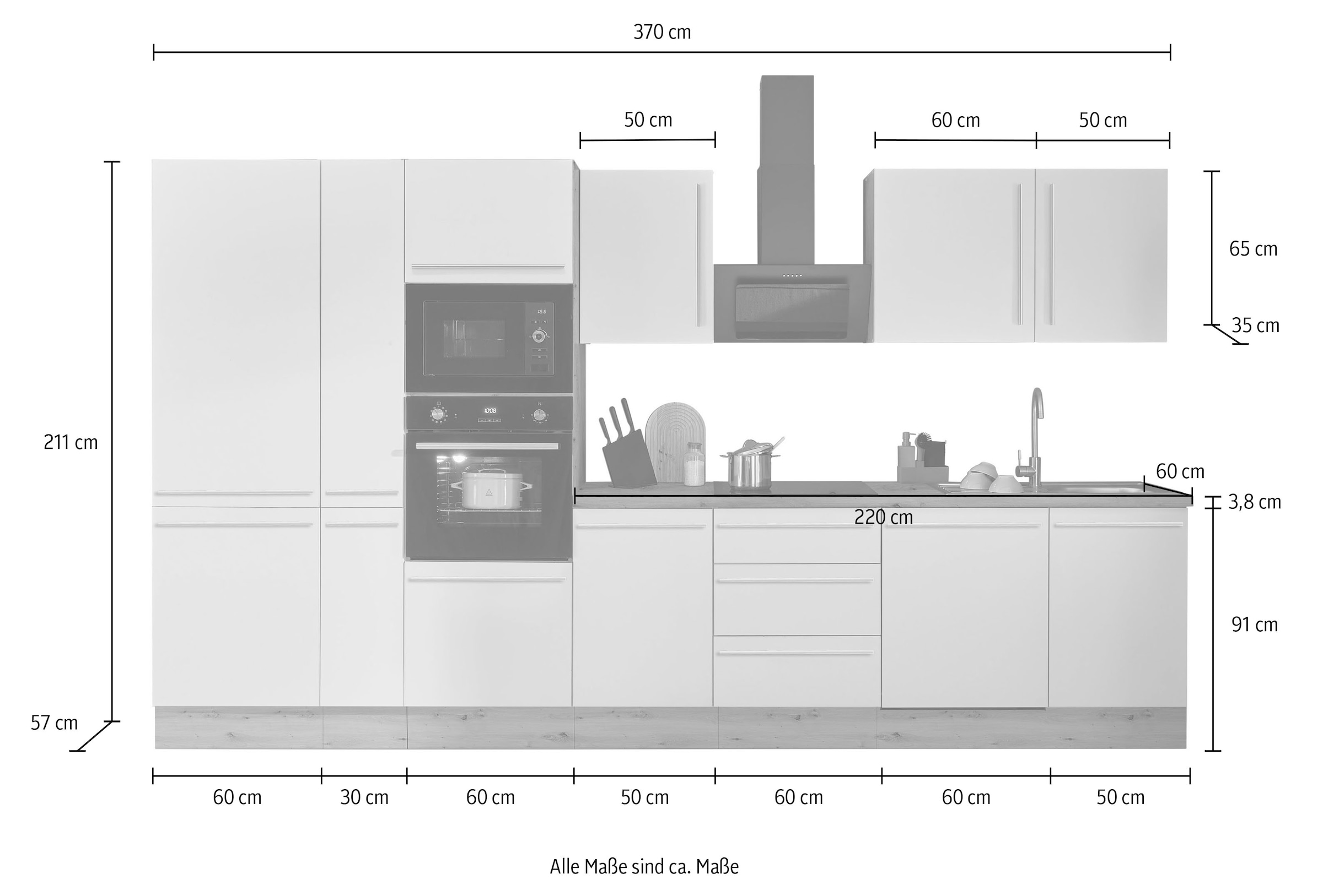 KOCHSTATION Küchenzeile »Florida«, Breite 370 cm, wahlweise mit E-Geräten,Softclose für Türen/Schubkästen
