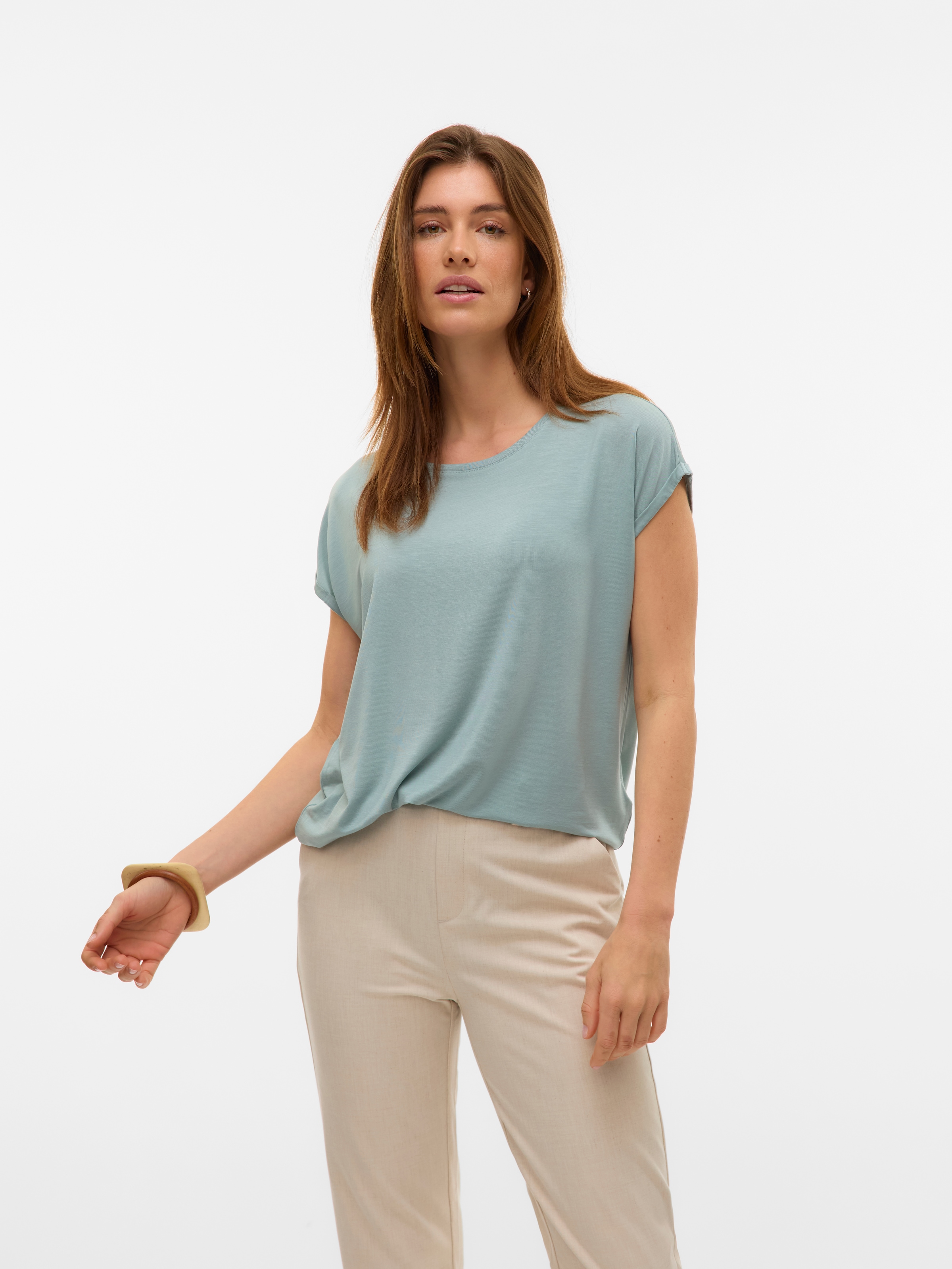 Vero Moda Rundhalsshirt »VMAVA PLAIN SS TOP GAJRS NOOS« Materialmix, regular fit