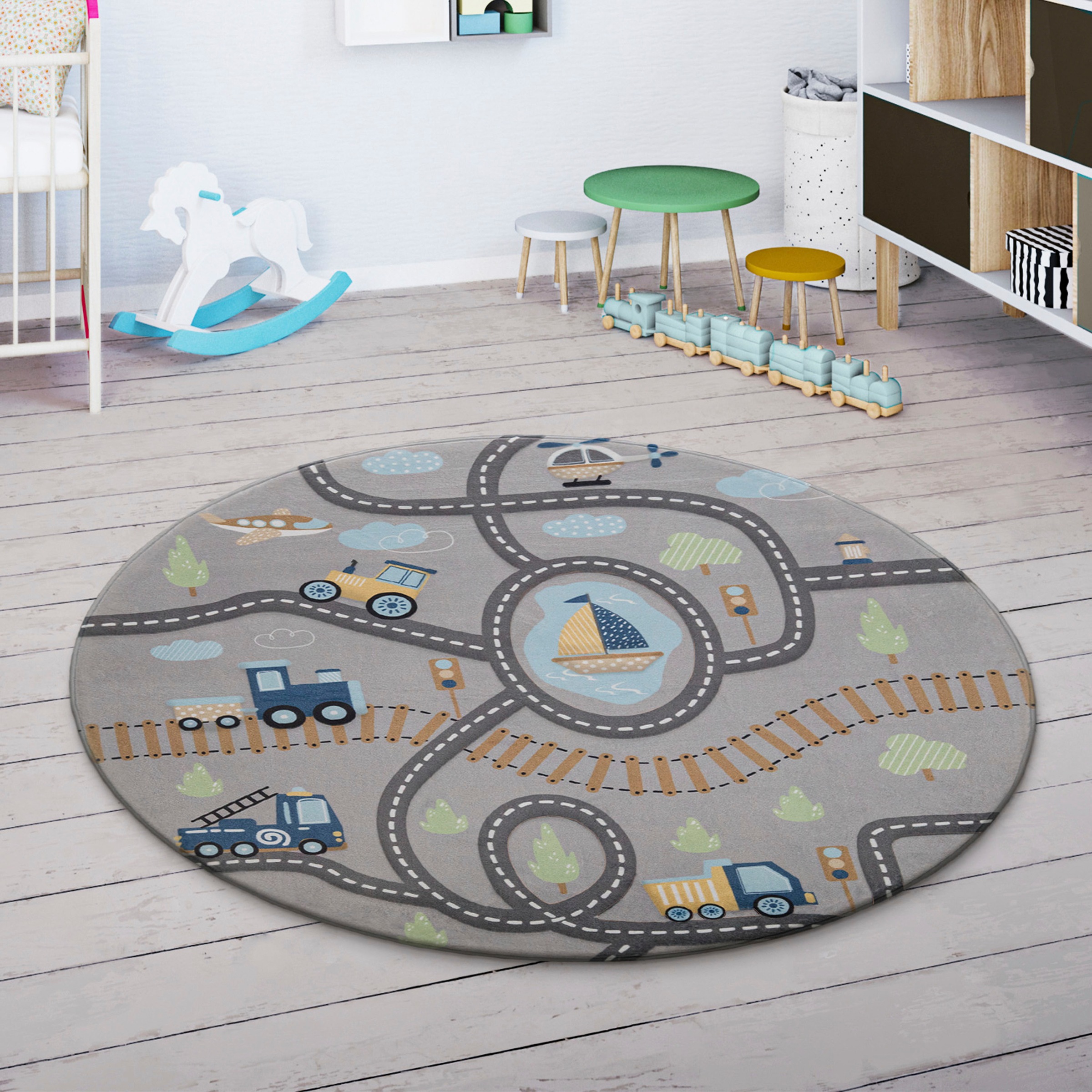 Paco Home Kinderteppich »Chicos 562«, rund, 4 mm Höhe, Flachgewebe, Straßen günstig online kaufen