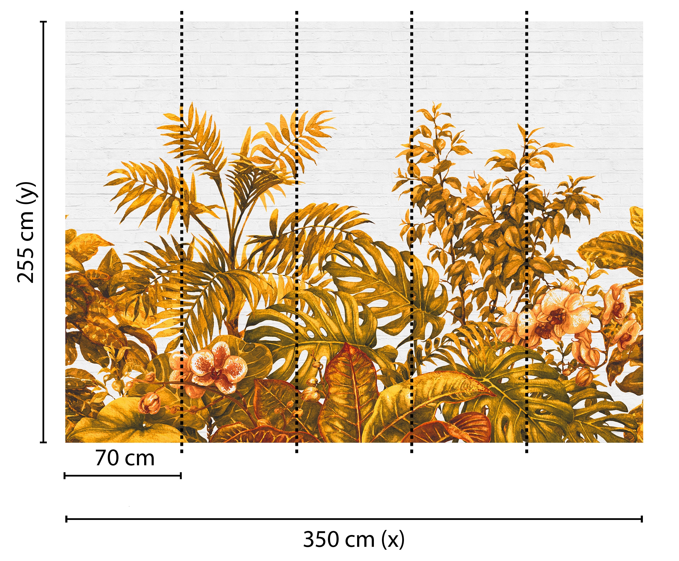 Fototapete Dschungel Palmen Steinwand Orange Weiß 3,50 m x 2,55 m FSC® günstig online kaufen