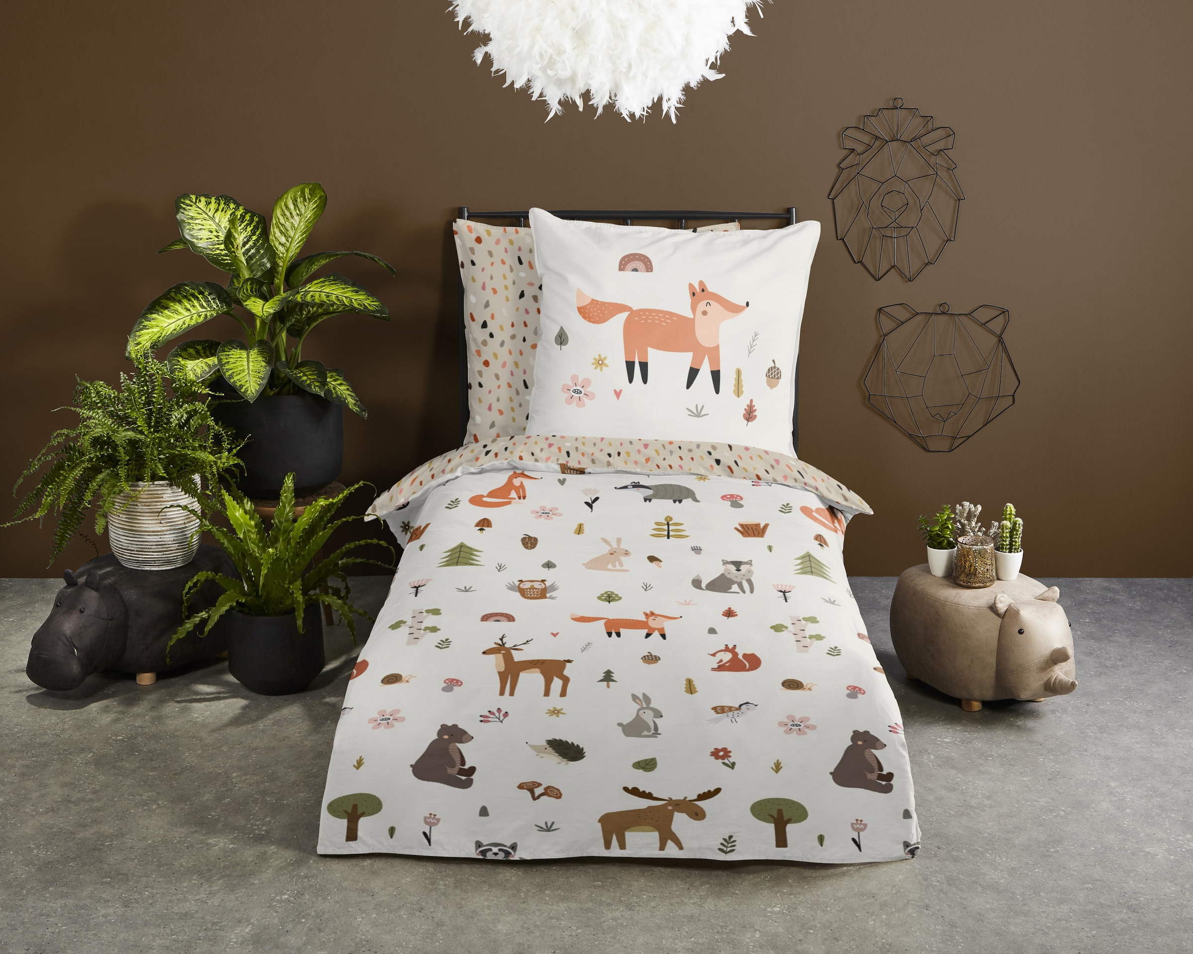 good morning Kinderbettwäsche »United«, Baumwolle, 135x200, Wende, Kind, winter, herbst, tiere, fuchs, sand