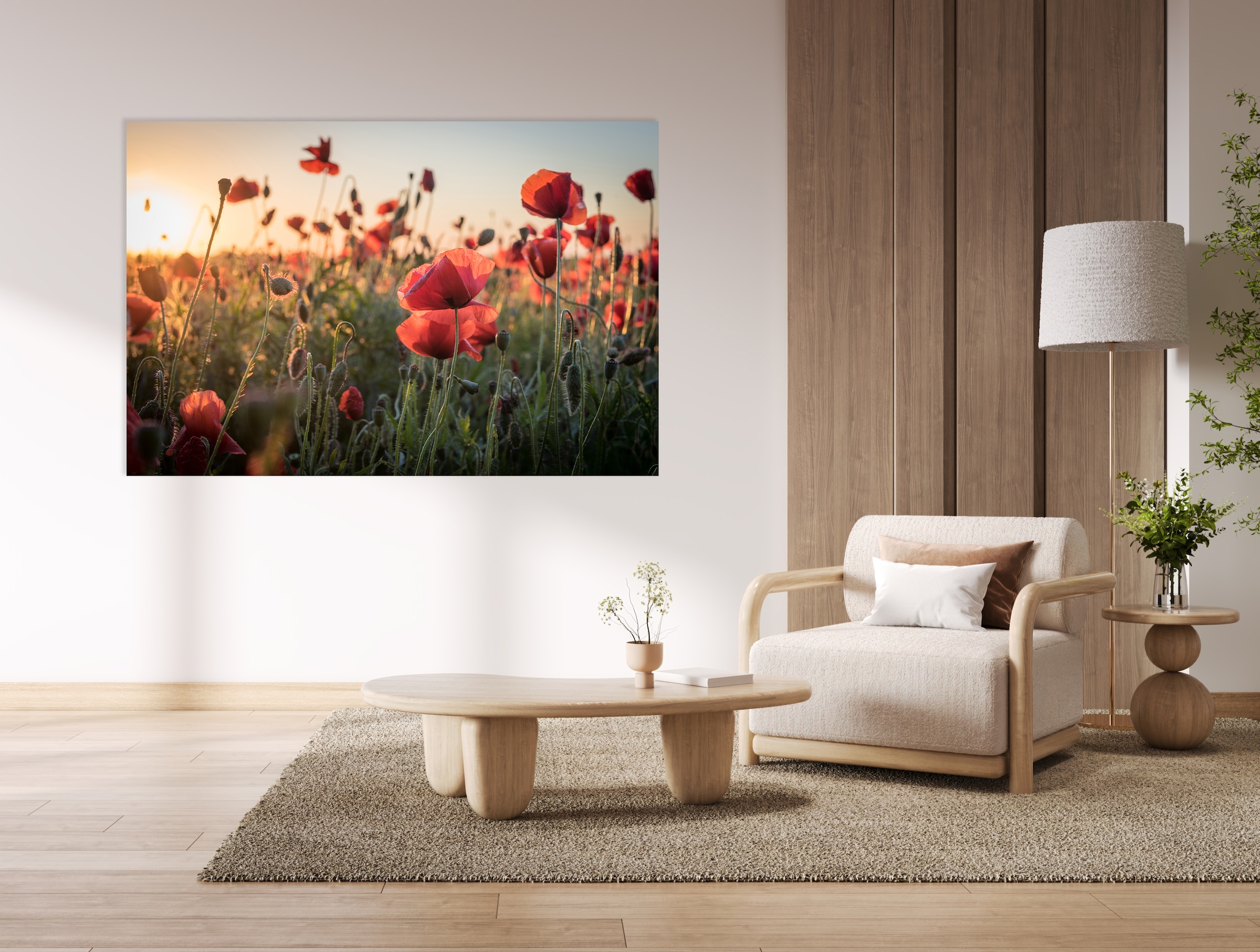 queence Acrylglasbild »Mohnblumenfeld mit Sonnenaufgang, Mohnblume« 1 Stk. tlg. mit schwebender 3D Tiefenwirkung, dank der rahmenlosen Befestigung