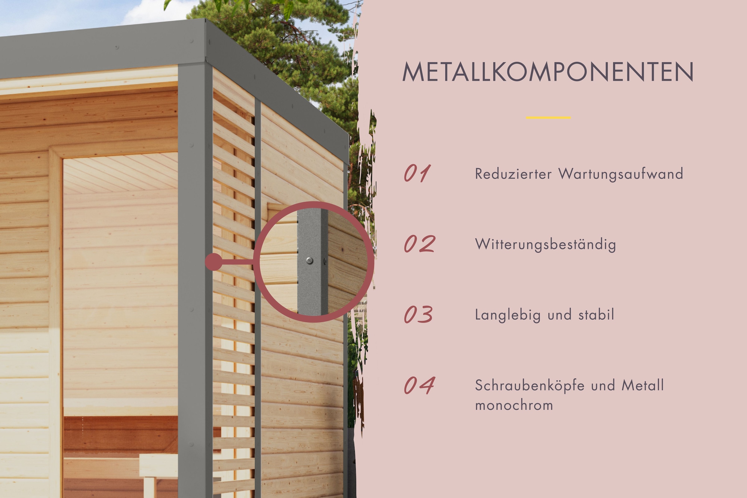 Karibu Saunahaus »"Adrian 2" naturbelassen-graualuminium«, Wände aus nordischer Fichte, Stahlecken und Stahl-Dachabschluss