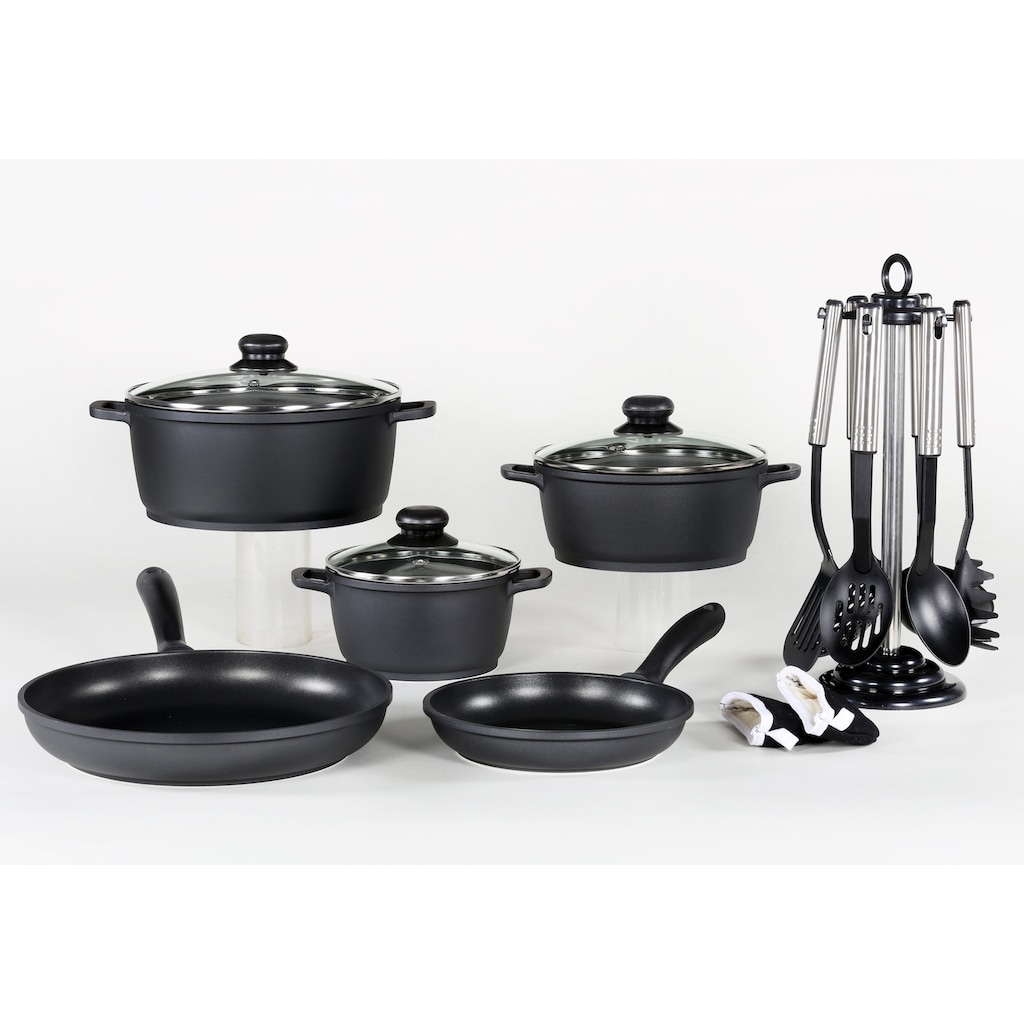 Krüger Topf-Set »Aluguss Topf-/ Pfannenset LEIPZIG inkl. Küchenhelfern, 15 tlg.«, Aluminiumguss, (Set, 15 tlg., Fleischtopf 16+20+24 cm, Pfanne flach 20+28 cm, 7 tlg. Küchenhelferset)