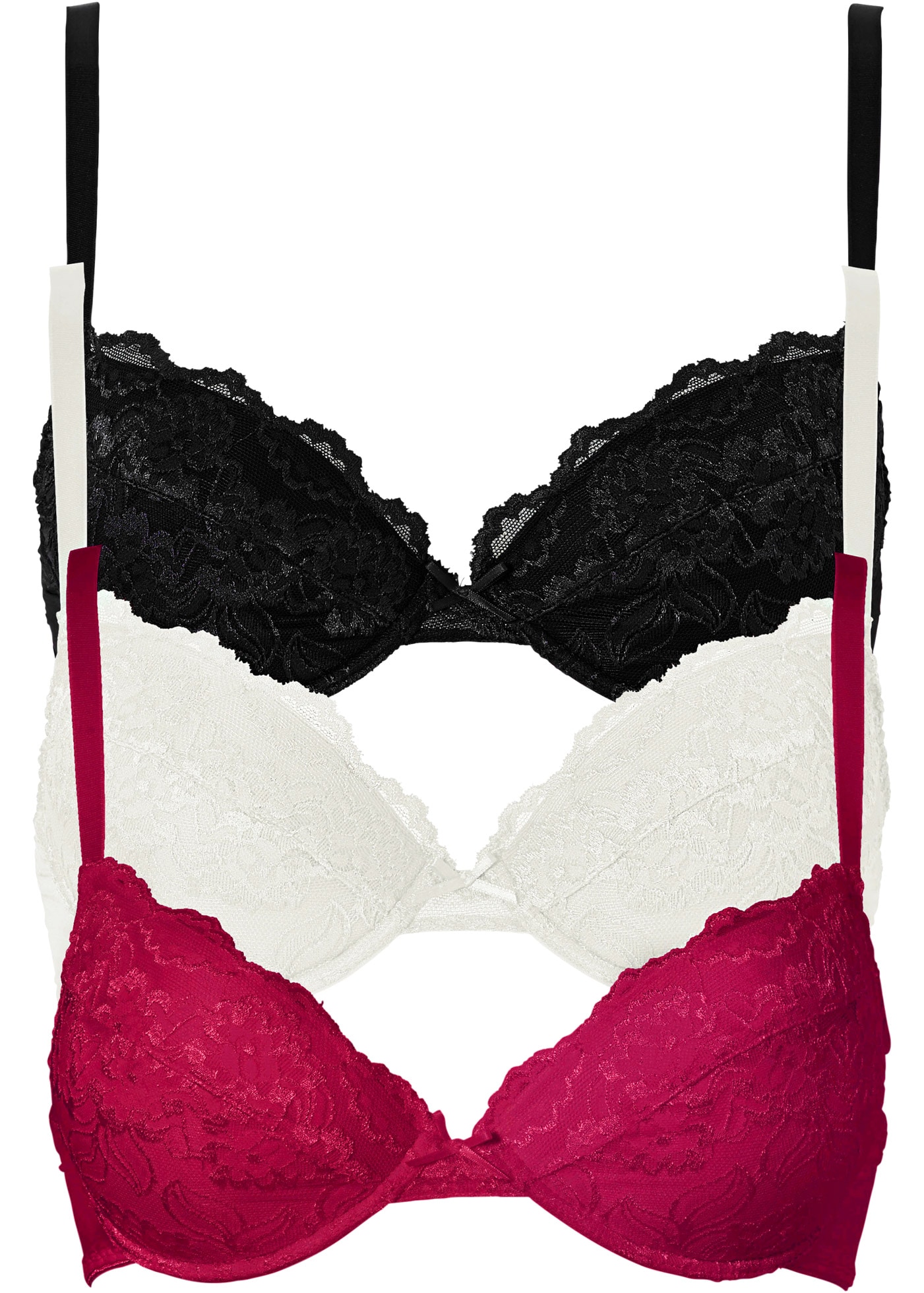 bonprix Push-up-BH »Push-up-BH mit feiner Spitze (3er Pack)« Packung, 3 Stk. leicht wattierte Cups, mit feinem Allover-Spitze, mit Baumwollfutter