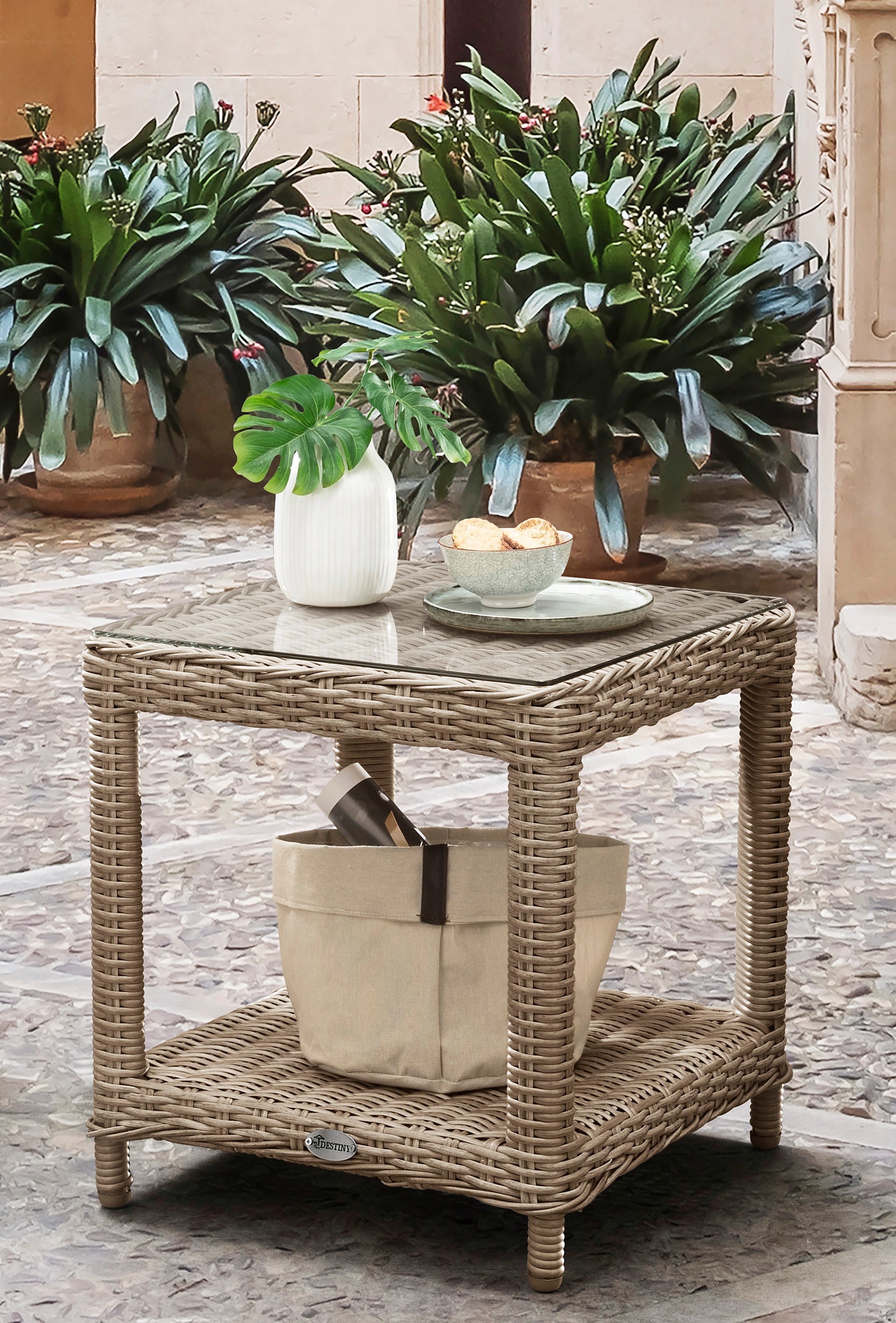 Destiny Beistelltisch »MERANO«, mit aufgelegter kaufen Glasplatte Polyrattan, online 46x47x50cm