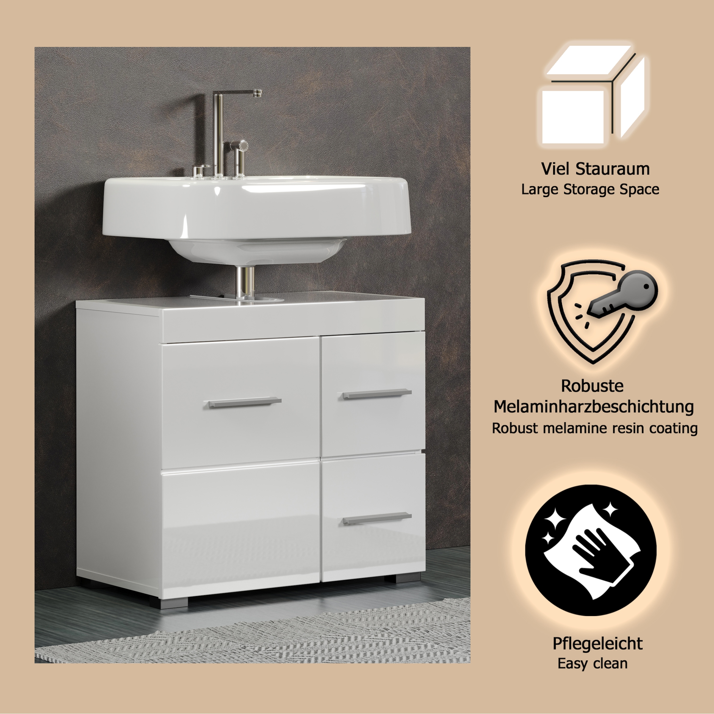 welltime Waschbeckenunterschrank »Avena« 1 Stk. tlg. Badezimmerschrank mit Tür & Schubkästen – (B/T/H) 60/34/56 cm