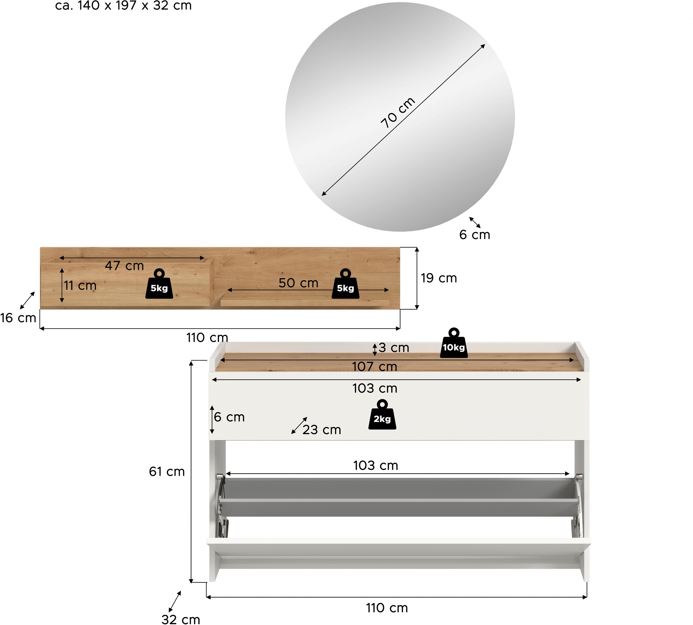 INOSIGN Garderoben-Set »EVRID, 3-teilig, Breite 140 cm, individuell hängbar & erweiterbar«, (3 St., best. aus: Kommode, Wandboard & Spiegel), Garderobenkombination, Garderobe, Wandgarderobe, Flur, Diele