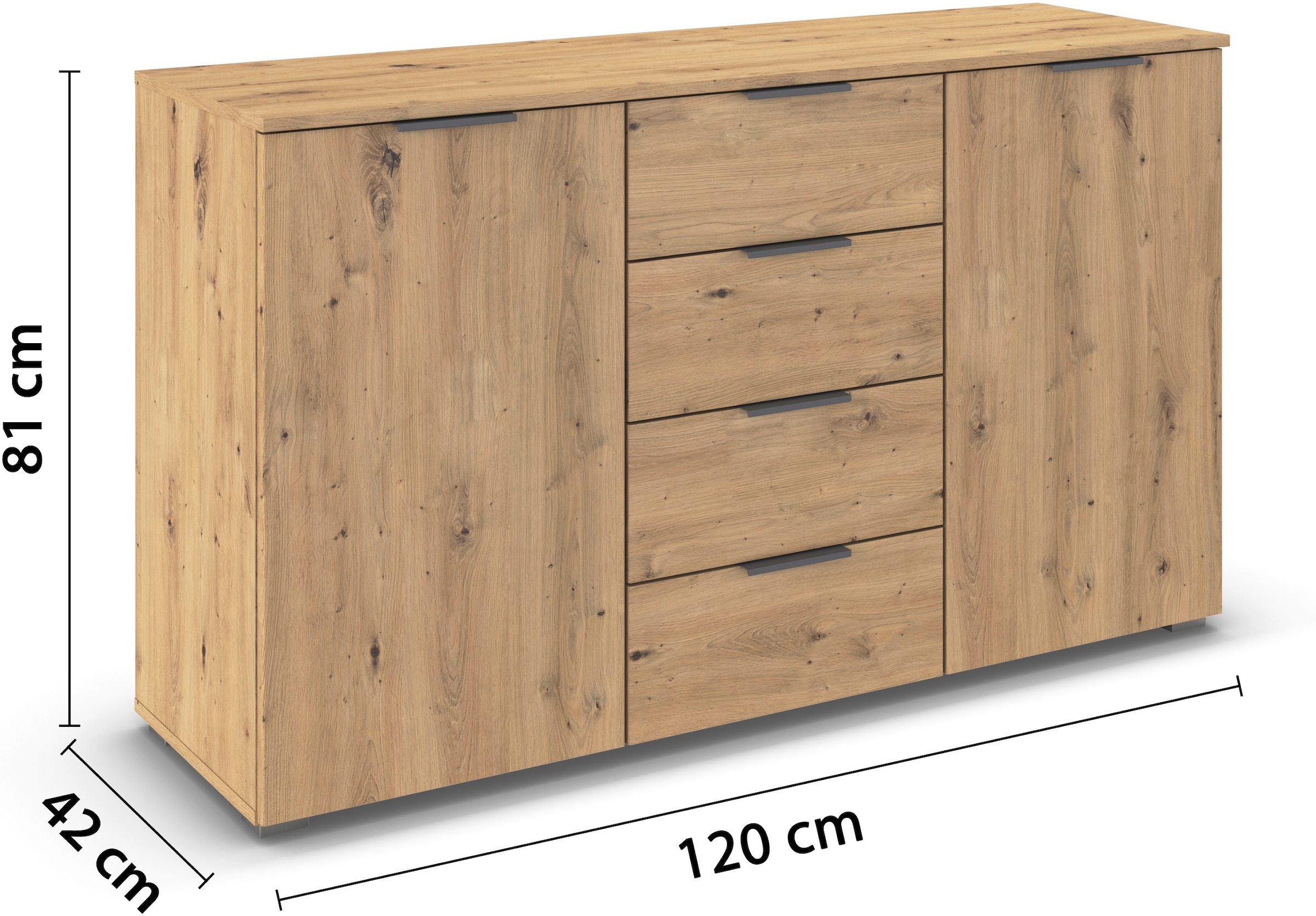 rauch Kombikommode »Sideboard Schubladenkommode AGORDO mit Dekor- oder Hochglanzfront«, (in zwei Griff-Farben, Breite 120 cm), vier große Schubladen, mit insgesamt 4 Einlegeböden MADE IN GERMANY