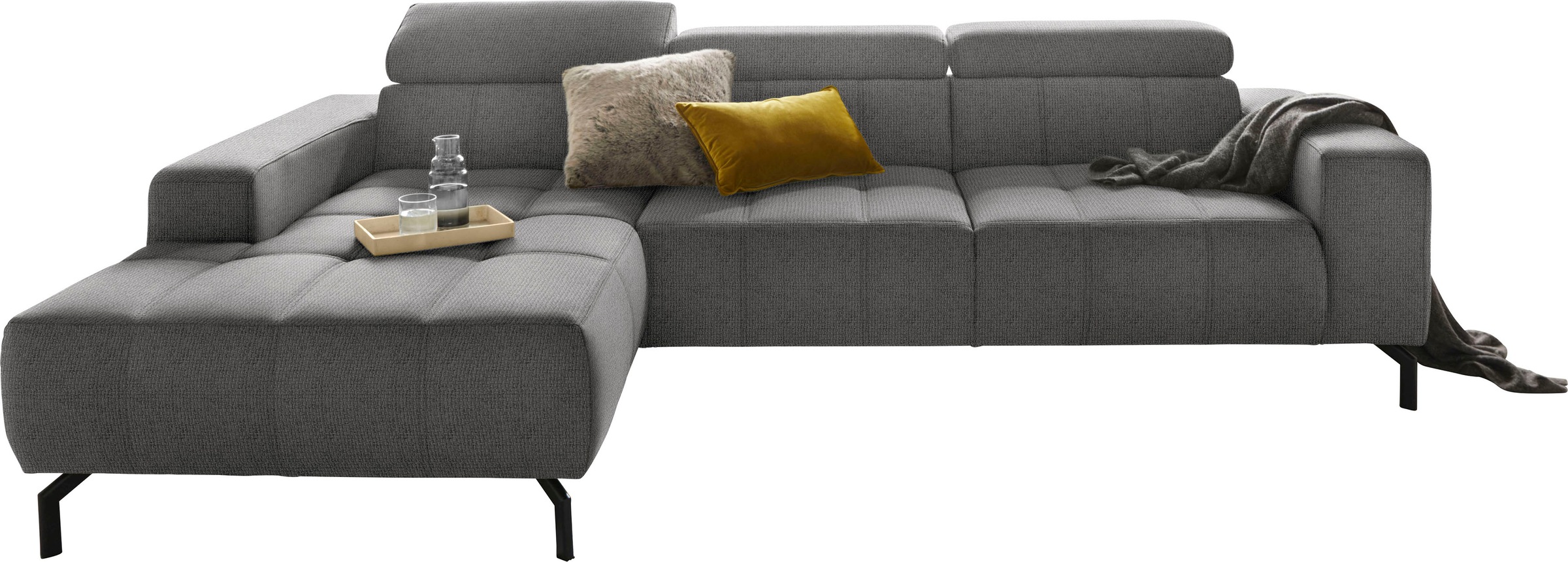 DOMO collection Ecksofa »Cunelli tolle Sitznähte als Designelement, fester Sitzkomfort, L-Form«, wahlweise mit 6-fach verstellbarer Kopfteilverstellung, bodenfrei