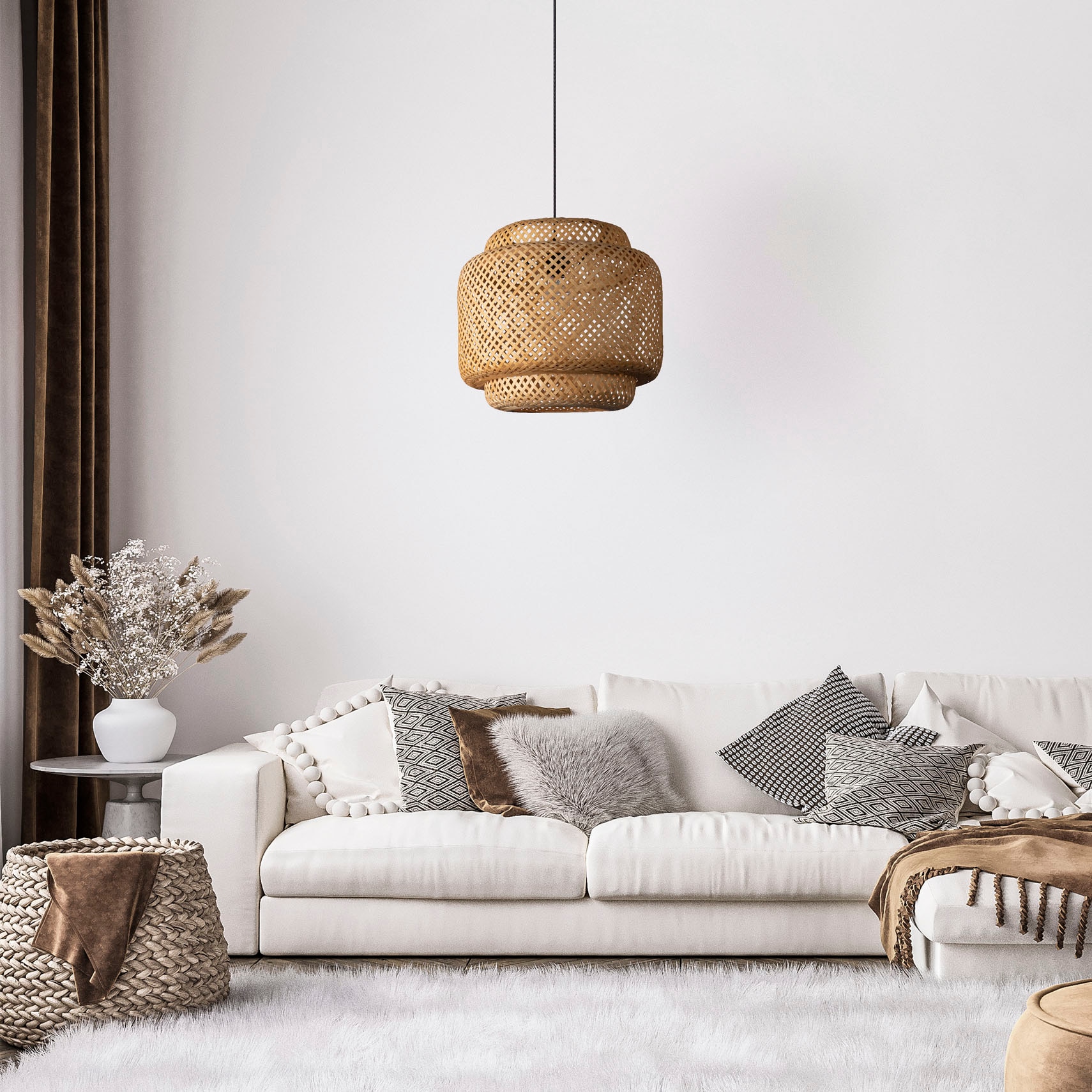 Paco Home Natur Boho online bestellen Esszimmerlampe Wohnzimmer Pendelleuchte Pendelleuchte »KORVI«, Holz Korblampen