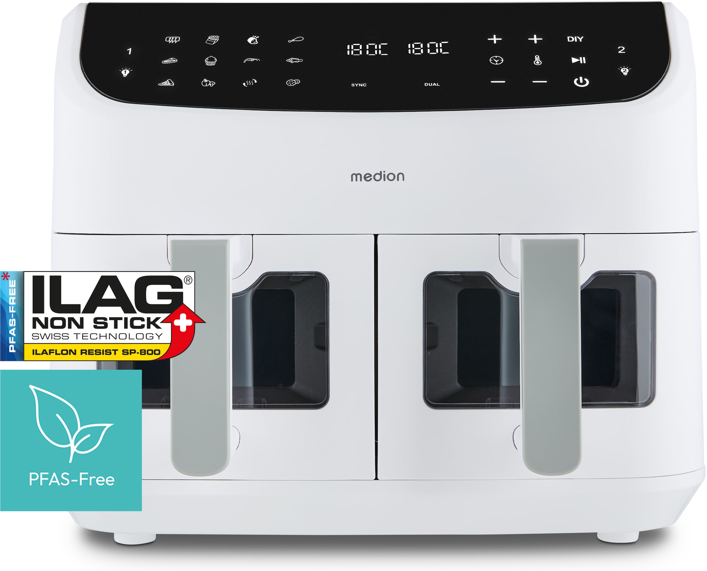 Medion® Heißluftfritteuse »MD 11760 P20XXL Twin« 2400 W Temperatur 50 - 200 °C, ILAG Beschichtung, Sync-Finish