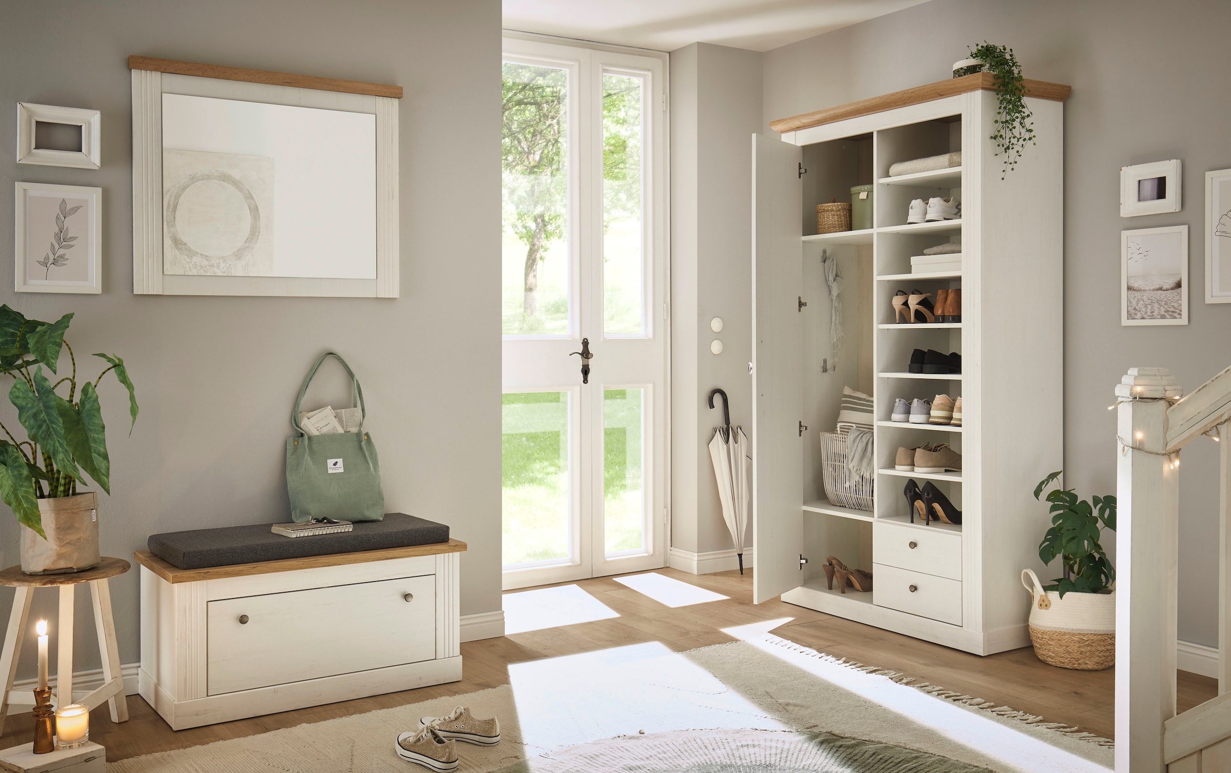 Home affaire Garderoben-Set »WESTMINSTER BESTSELLER!«, (3 St., Schuhbank, Spiegel, Garderobenschrank), im romantischen Landhausstil