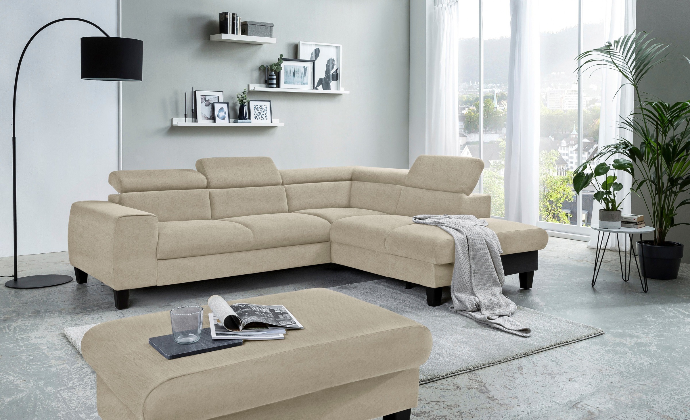 COTTA Polstergarnitur »Morven L-Form«, (Set), Set bestehend aus: Ecksofa mit Kopfteilverstellung & Hocker