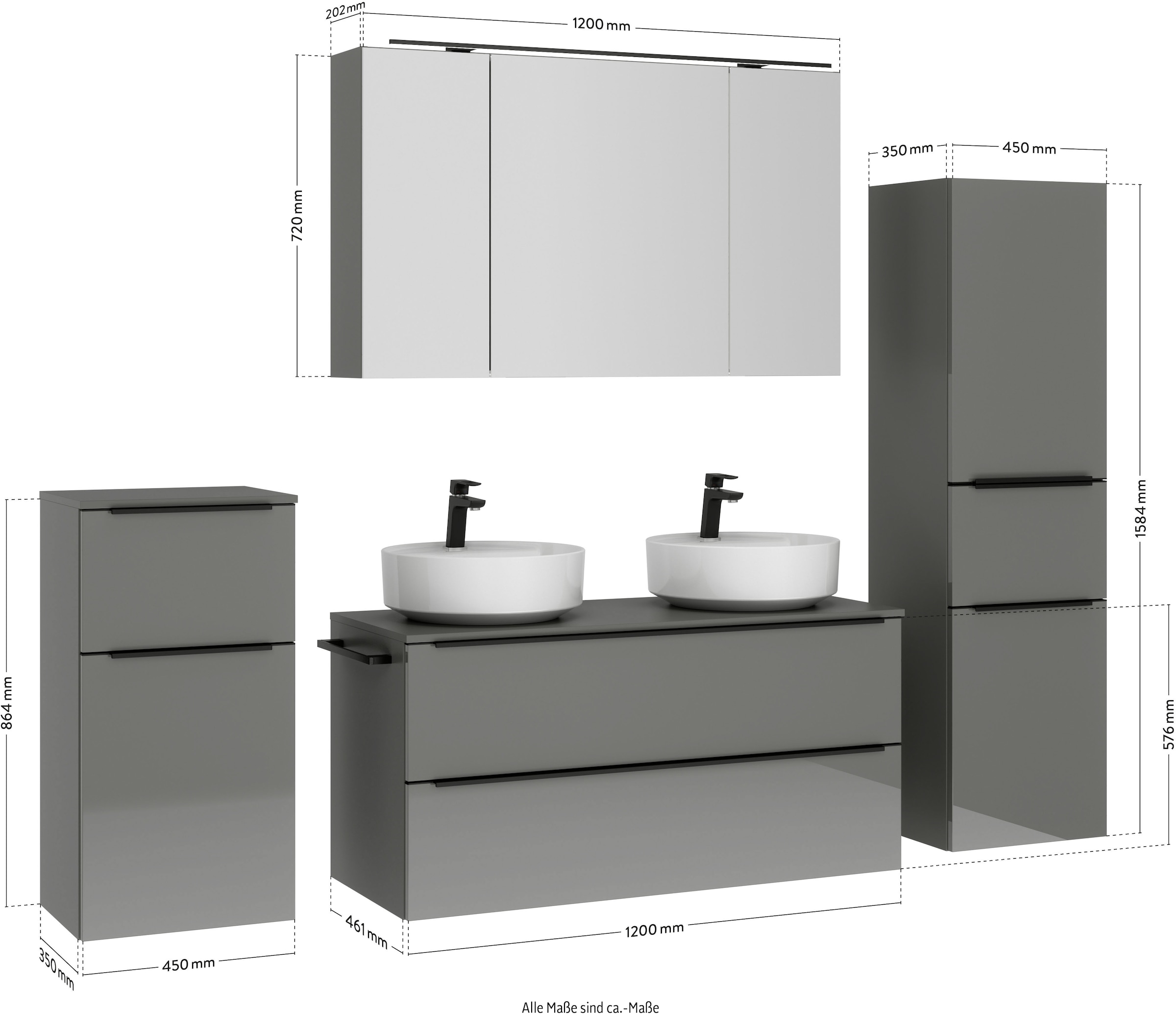 nobilia® Badmöbel-Set »Alvene«, (4 St., vormontiert, mit Soft-Close), inkl. Spiegelschrank mit Beleuchtung und Dimmerfunktion, in 4 Breiten