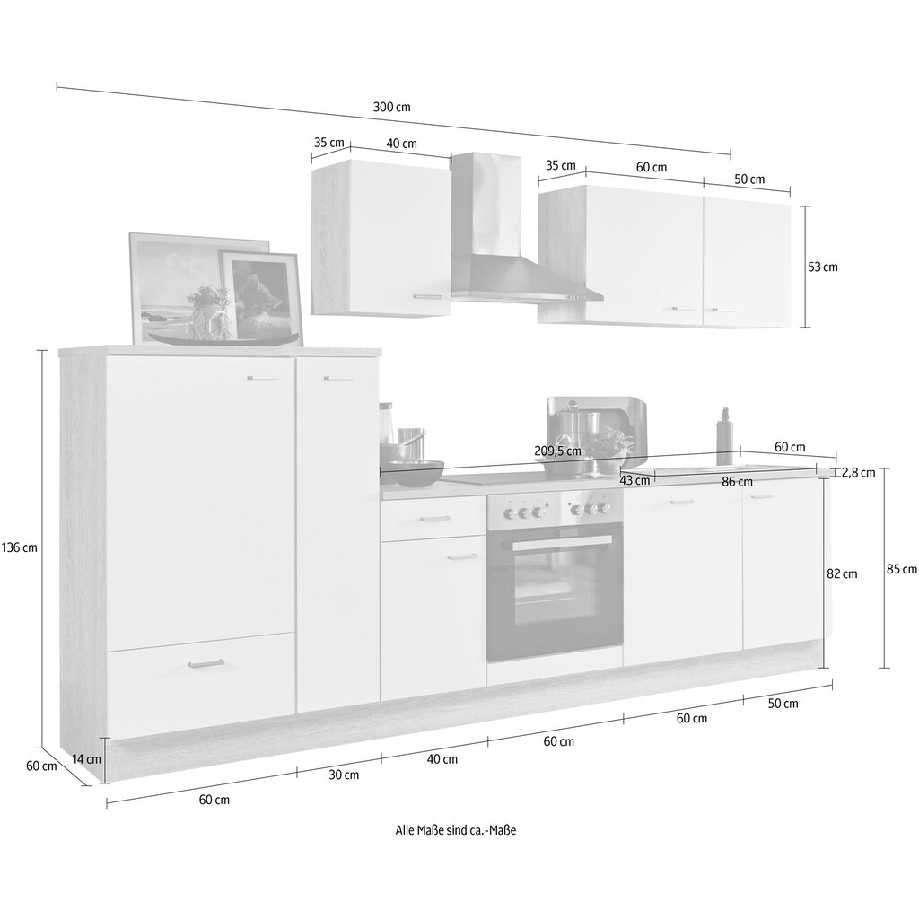 Menke Küchen Küchenzeile »Classic«, Küchenzeile mit E-Geräten, Breite 300 cm