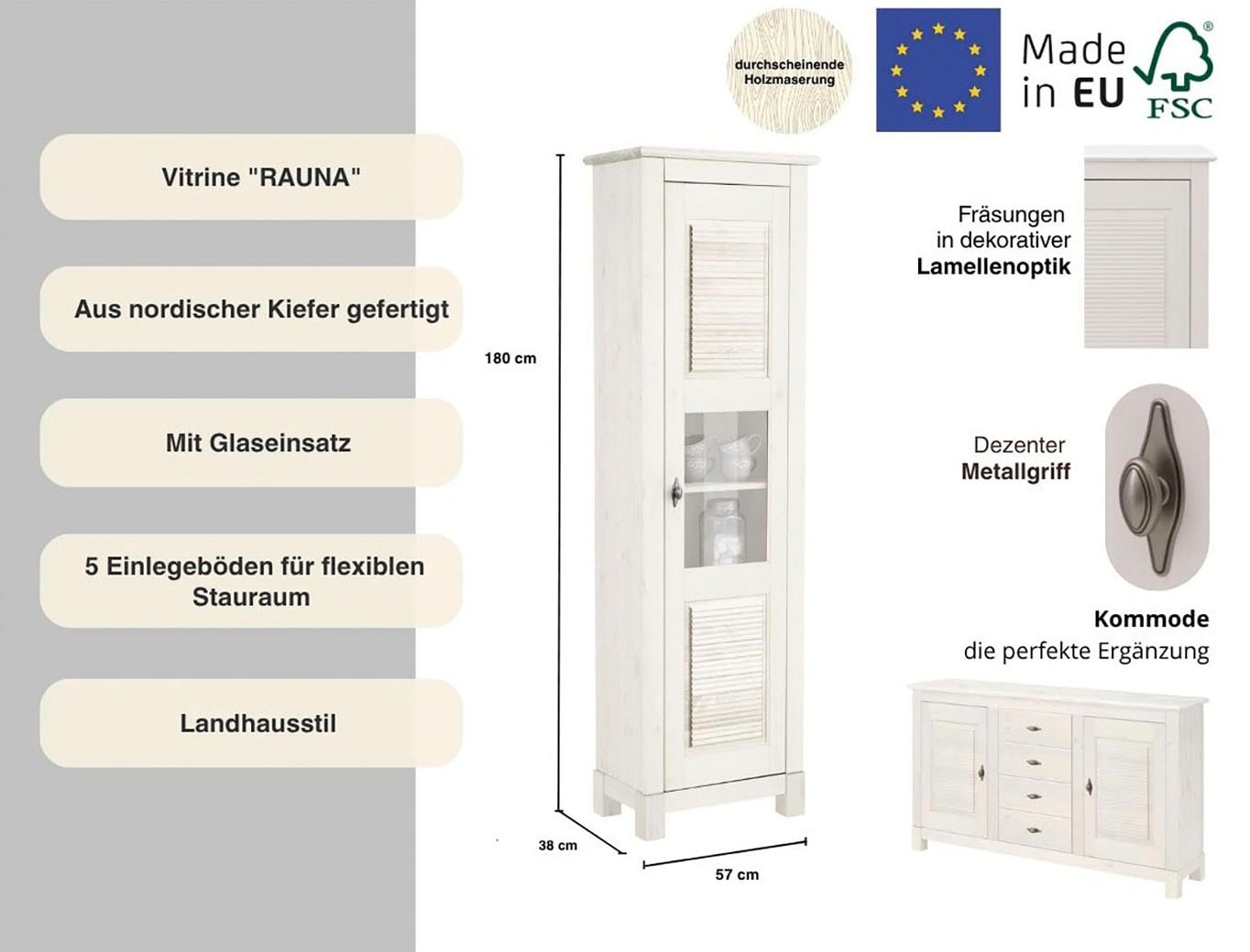 Home affaire Vitrine »Rauna«, Höhe 180 cm, aus massiver Kiefer