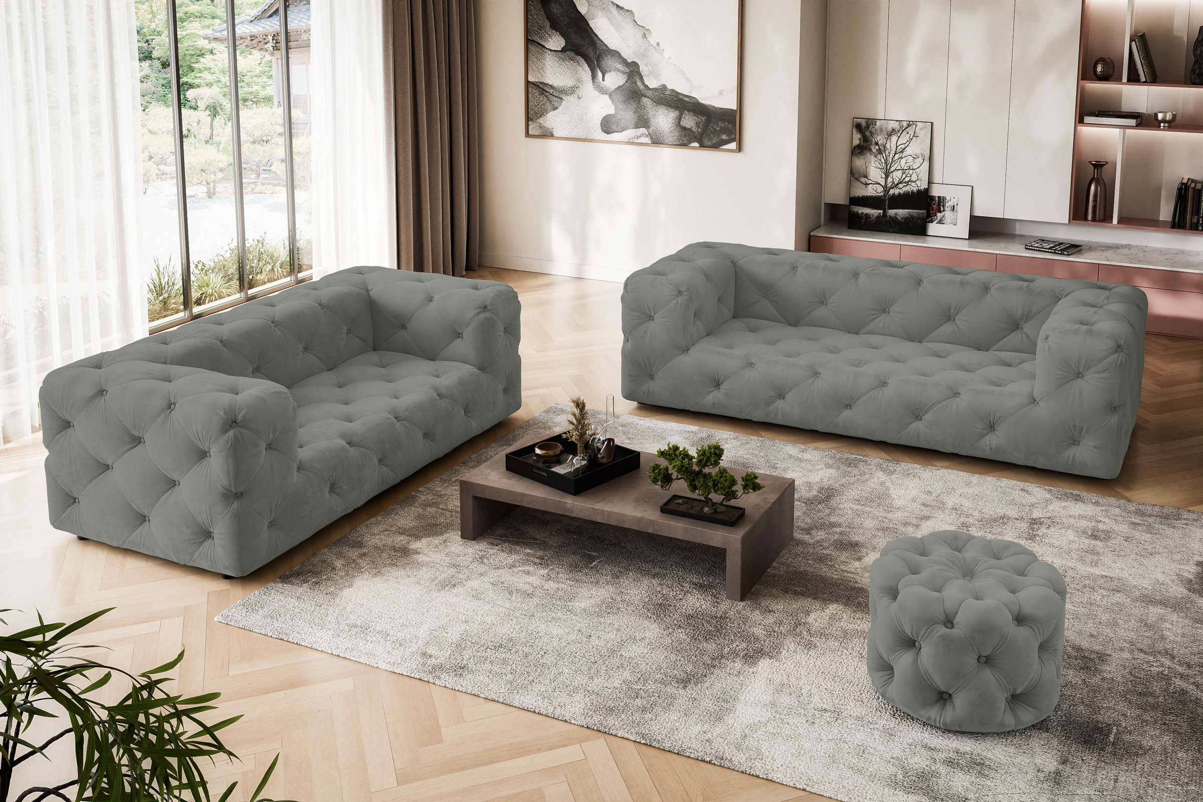 Places of Style Hocker »FOLLINA«, Polsterhocker mit klassischer Chesterfield-Knopfheftung