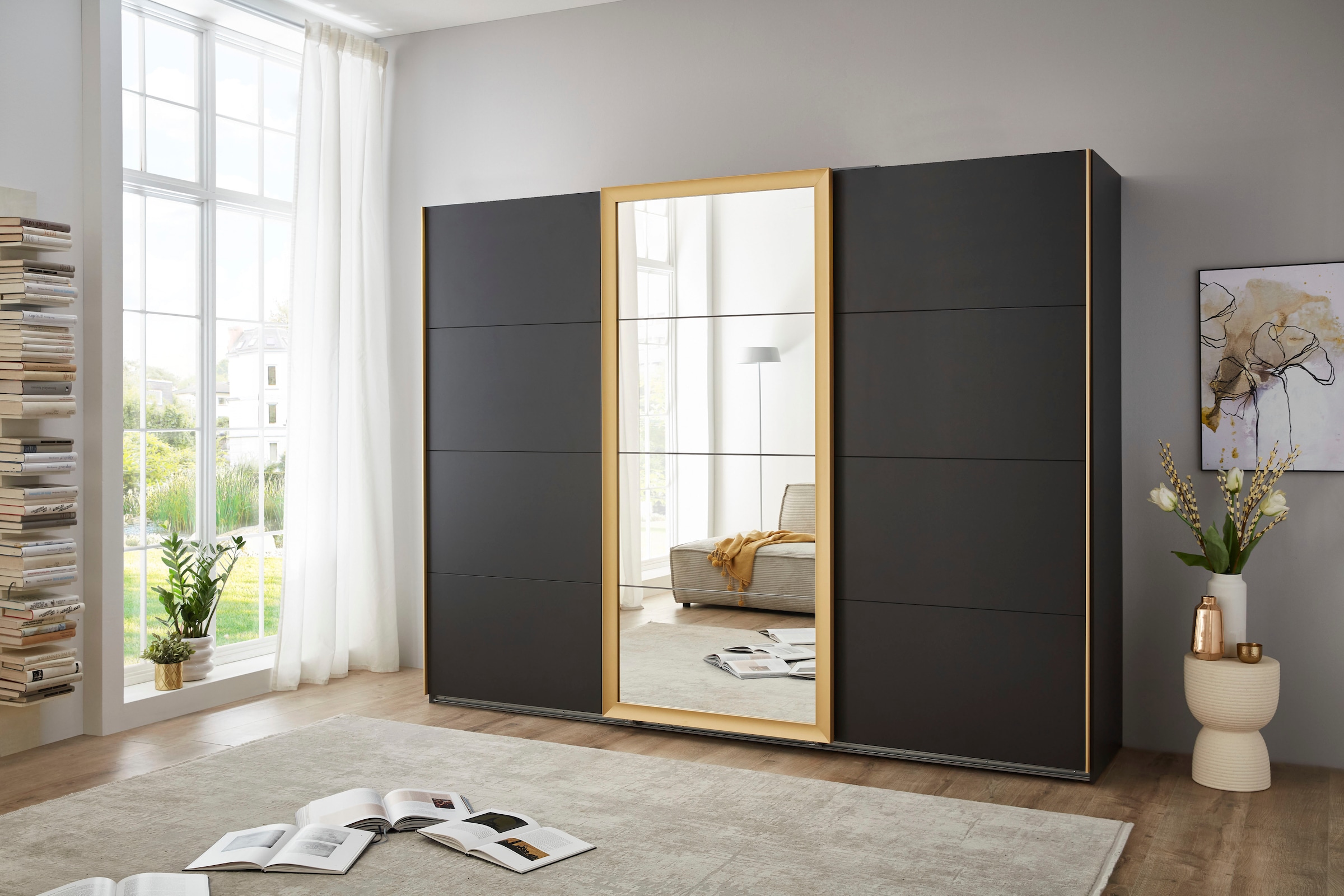 Wimex Schwebetürenschrank »Katar, Kleiderschrank erhältlich in den Breiten 225cm und 270cm« inkl. Spiegel, Akzente in Gold