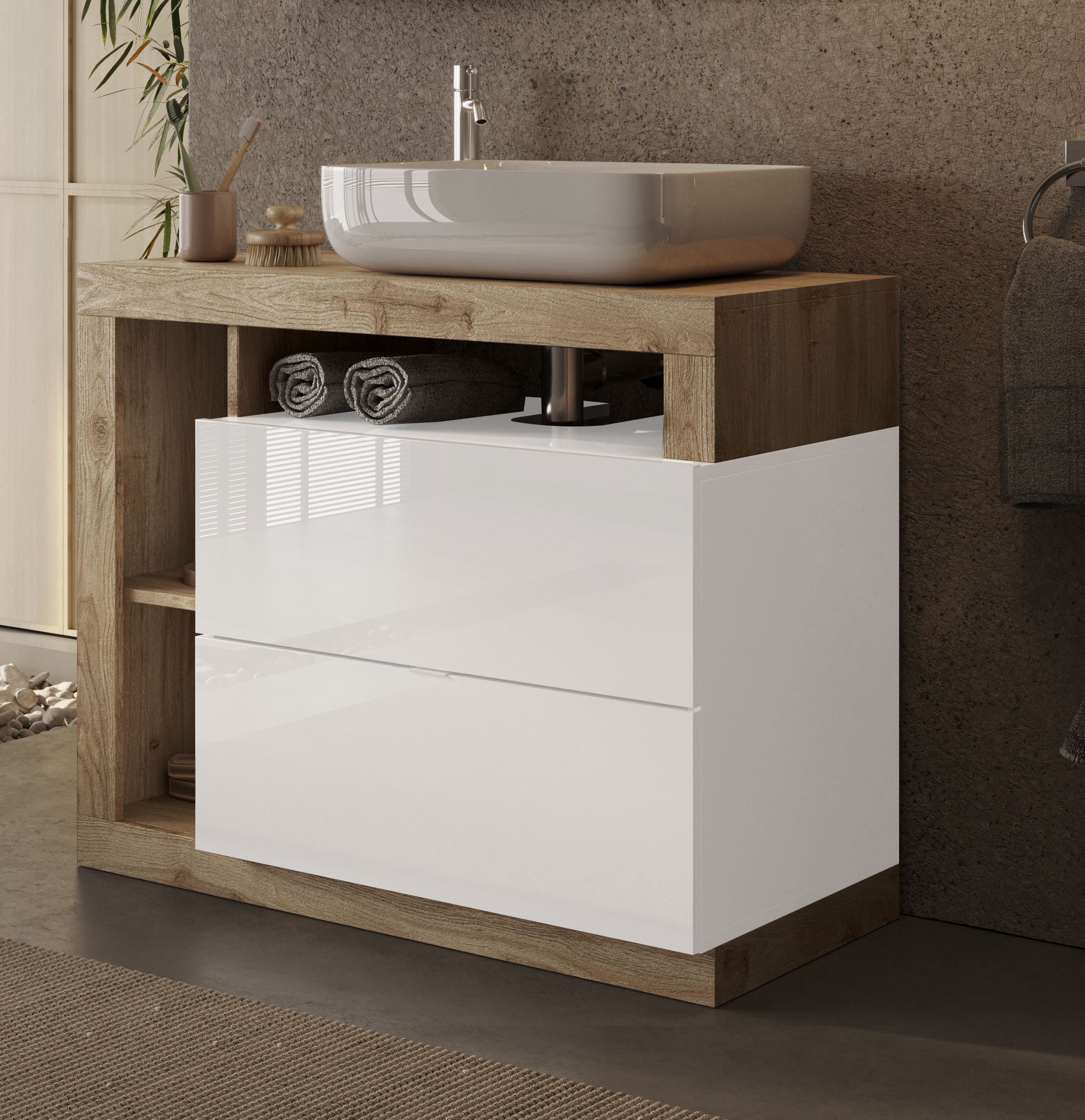 welltime Waschtisch »Hamburg« 2 Schubkästen, Breite 92 cm, Soft-Close, inkl. Keramik-Aufsatzbecken