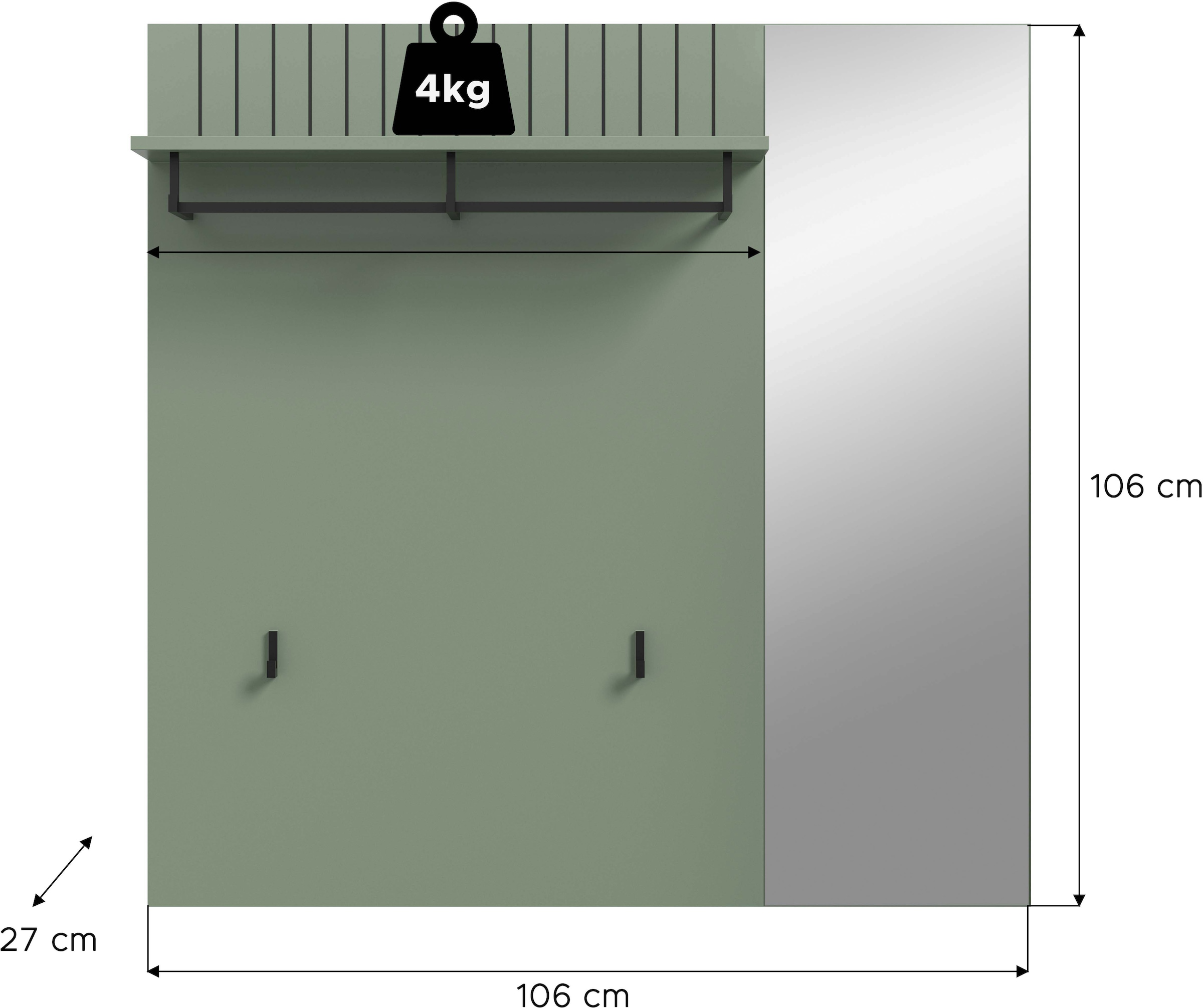 INOSIGN Garderobenpaneel »TATIO, Rillenfräsung, 1 Spiegel, 1 Ablageboden, 2 Haken, Kleiderstange« 1 Stk. tlg. Garderobenpaneel mit Spiegel, Garderobe, Flur, Diele