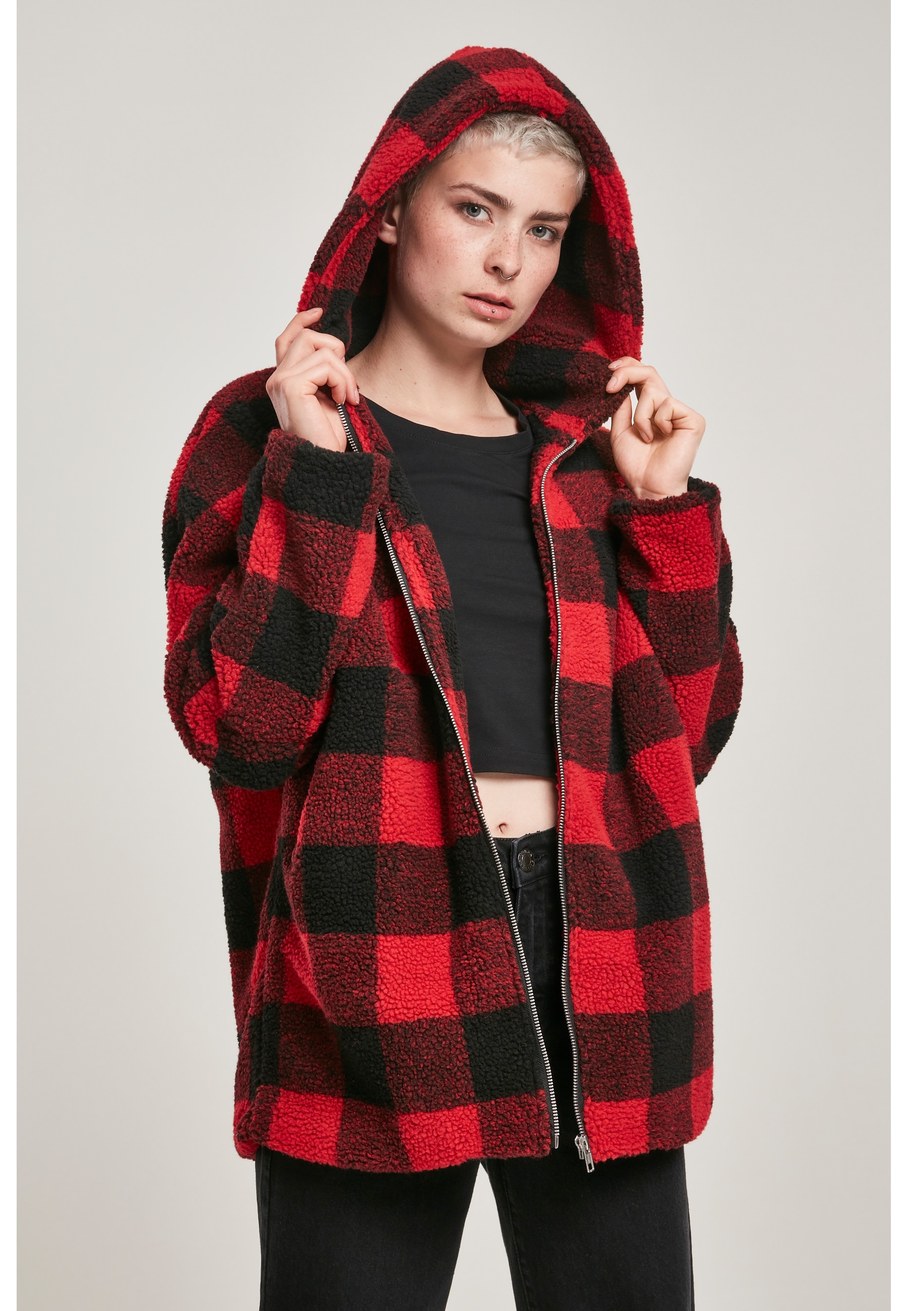 URBAN CLASSICS Winterjacke »Urban Classics Damen Ladies Hooded Oversized Check Sherpa Jacket« 1 Stk. tlg. mit Kapuze