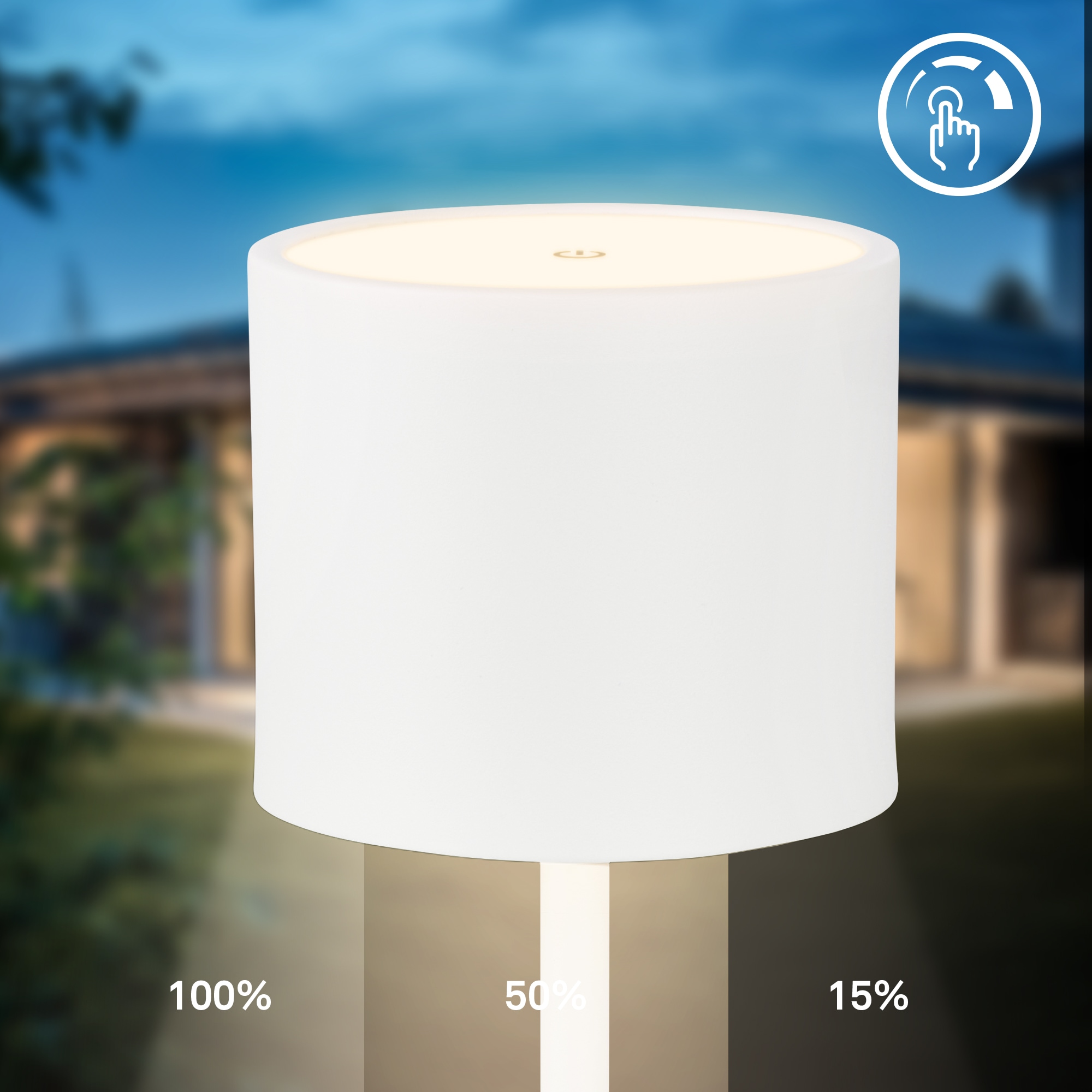 B.K.Licht Außen-Tischleuchte »BK_TL1607 Akku Tischlampe mit Ladestation, 3-Stufen Touchdimmer, IP44«, 1 flammig, Leuchtmittel LED-Modul | LED fest integriert, 3.000 K, 230 Lm, 2,5W, Akku wechselbar, max. 12h Leuchtdauer, Weiß