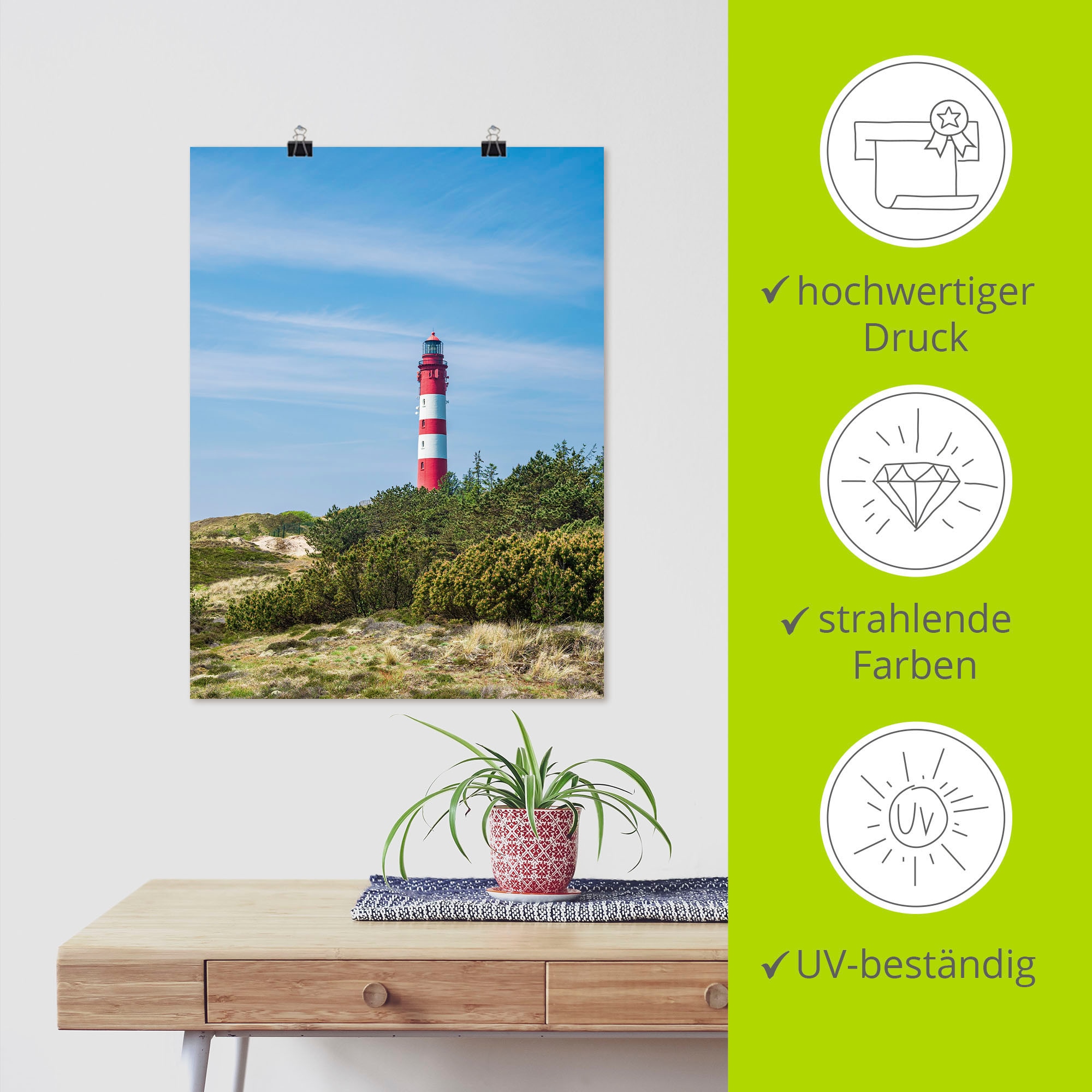 Artland Wandbild »Leuchtturm in Wittdün auf Insel Amrum«, Gebäude, (1 St.), als Alubild, Leinwandbild, Wandaufkleber oder Poster in versch. Größen