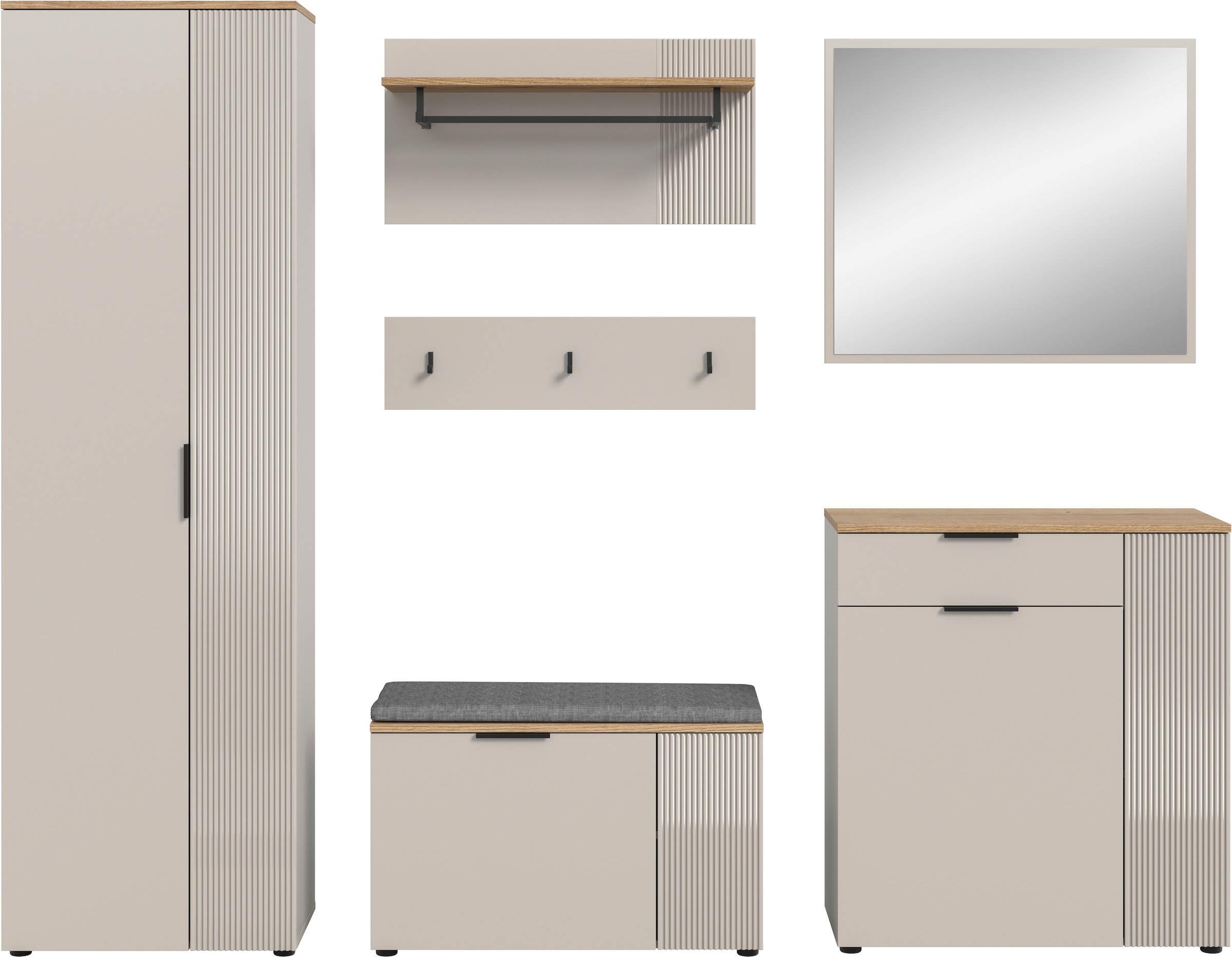 INOSIGN Garderoben-Set »EDIL, Breite 250 cm, 6-teilig, Front mit hochwertiger Längstfräsung« Set, Hochschrank, Sitzbank, Kissen, Paneel, Hakenleiste, Kommode & Spiegel, 6 Stk. tlg.