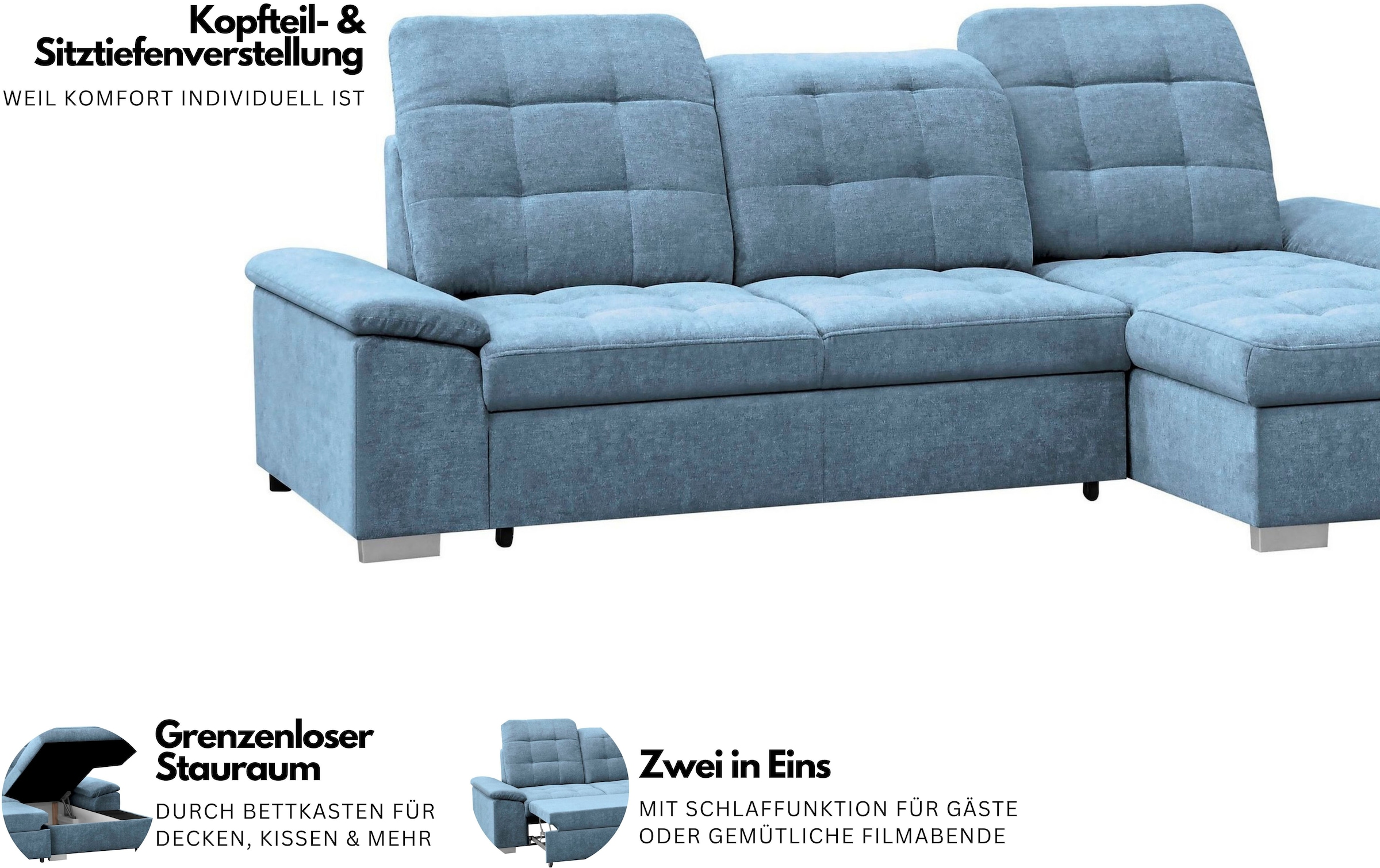 WERK2 Ecksofa »Carmen 264 cm breit L-Form Sofa Schlaffunktion Kopfstützen verstellbar« Schlafcouch mit Bettkasten, Eckcouch wahlw. mit Sitztiefenverstellung