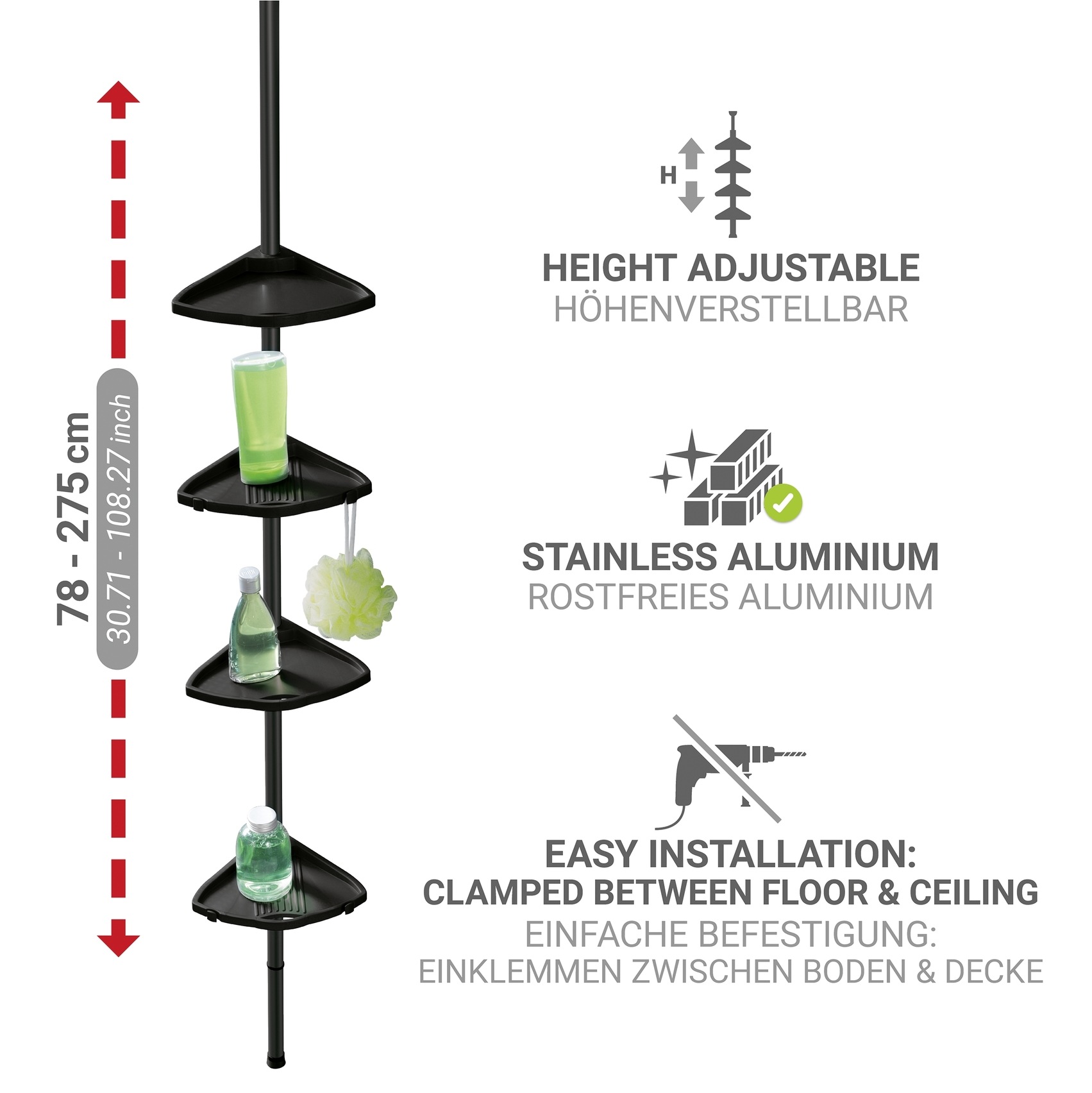 WENKO Duschregal »Compact« Eckregal mit 4 Ablagen und 8 Haken, Montage ohne Bohren, Aluminium