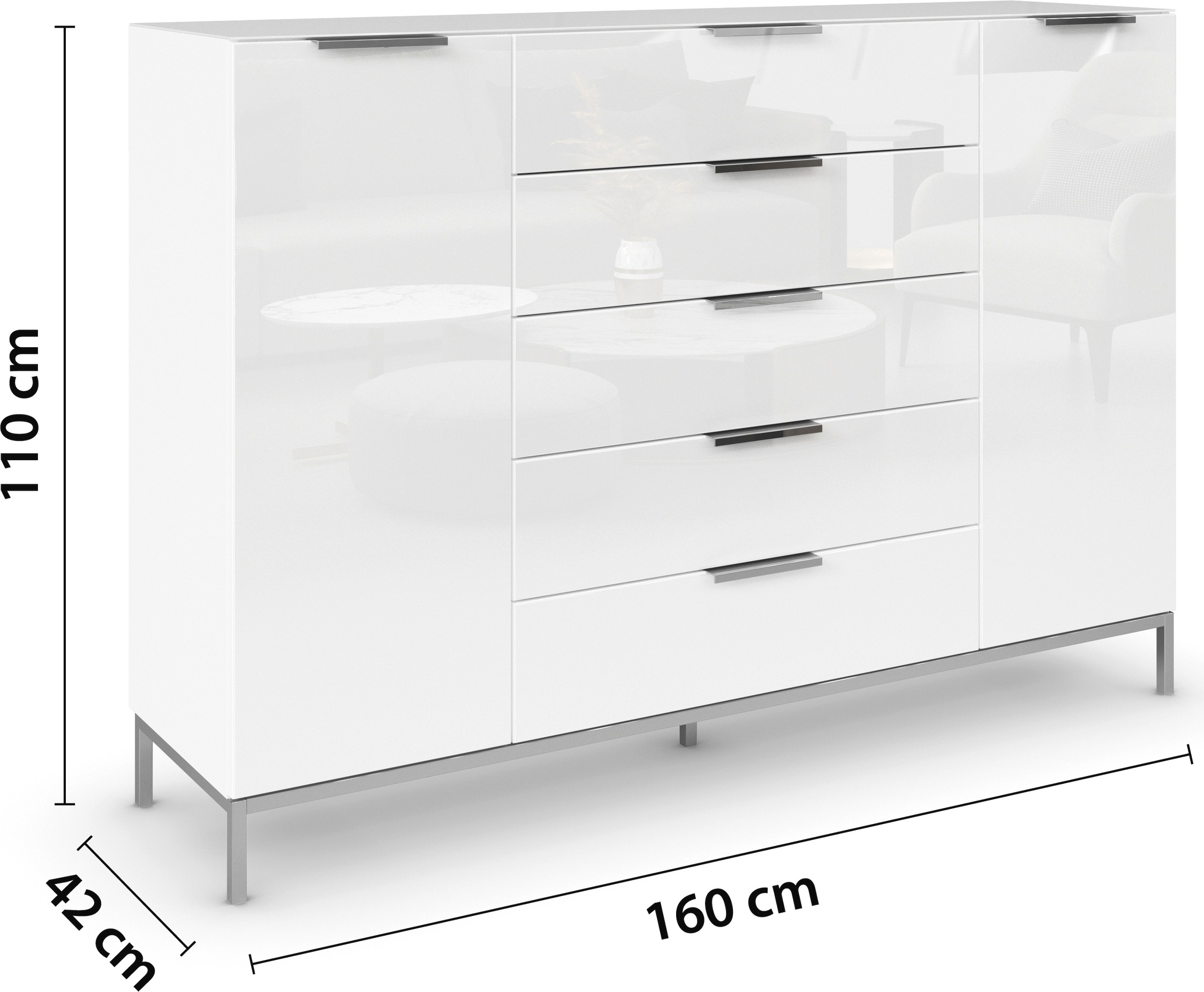 rauch Schubkastenkommode »Kommode Türkommode Sideboard Kombikommode FLIPP mit Glasfront«, (Breite 160/180 cm mit 4 Einlegeböden), 2-türig, 5 Schubladen, Soft-Close, Oberboden und Front Glas, 2 Breiten