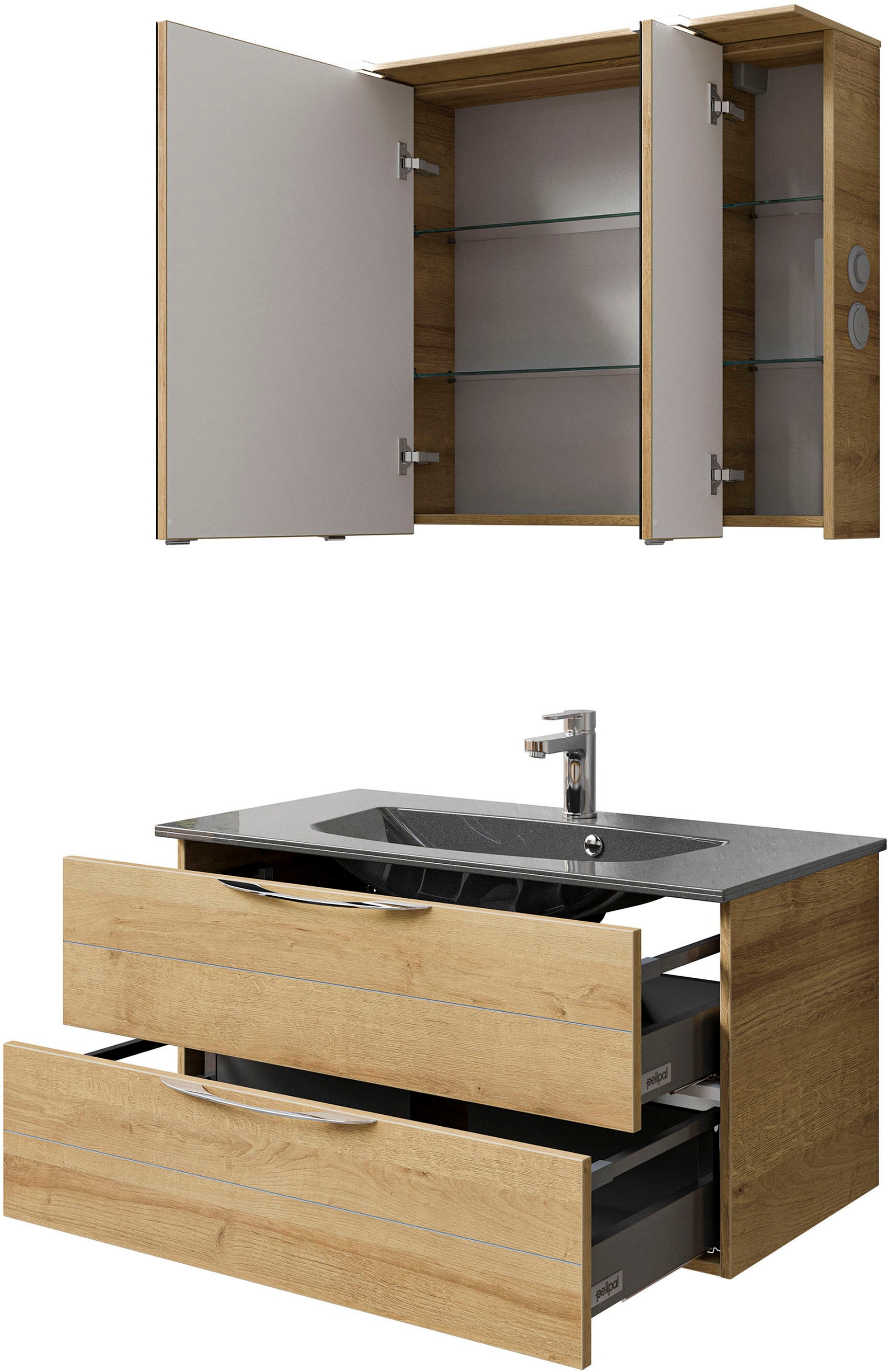 Saphir Badmöbel-Set »Serie 6025 2-teilig Mineralmarmor-Waschtisch mit LED-Spiegelschrank«, (2 St.), Waschplatz 97 cm breit, 2 Schubladen, 3 Spiegel-Türen, inkl Türdämpfer
