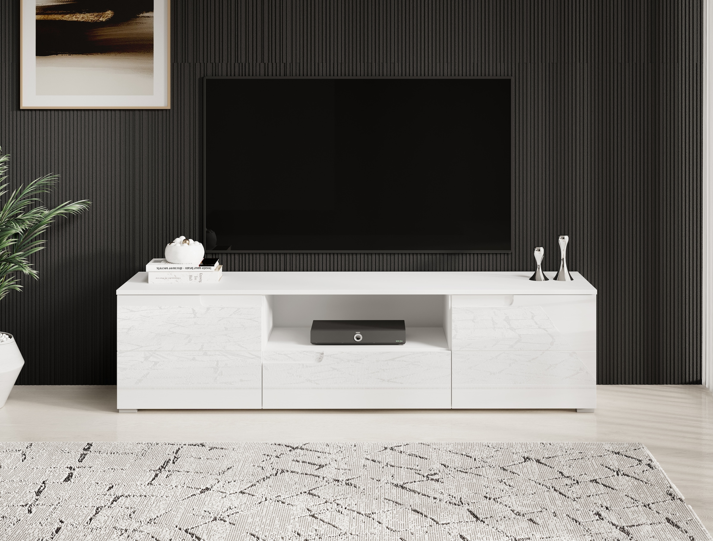 HBZ Lowboard »Spice weiß Hochglanz, TV Schrank bis 65 Zoll, BxHxT 165x42x40 cm«, (1 St.), Mit 2 Türen, 1 Schubkasten, 1 Kabeldurchführung, 1 offenes Fach