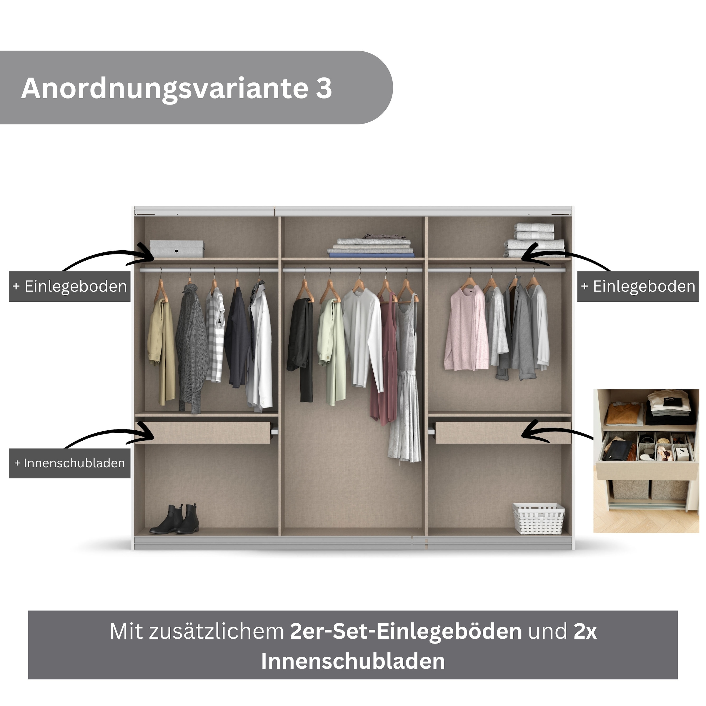 rauch Schwebetürenschrank »Kleiderschrank Schrank Garderobe BESTSELLER KOLUNA mit Spiegel«, inkl. 2 Innenschubladen sowie extra Einlegeböden MADE IN GERMANY