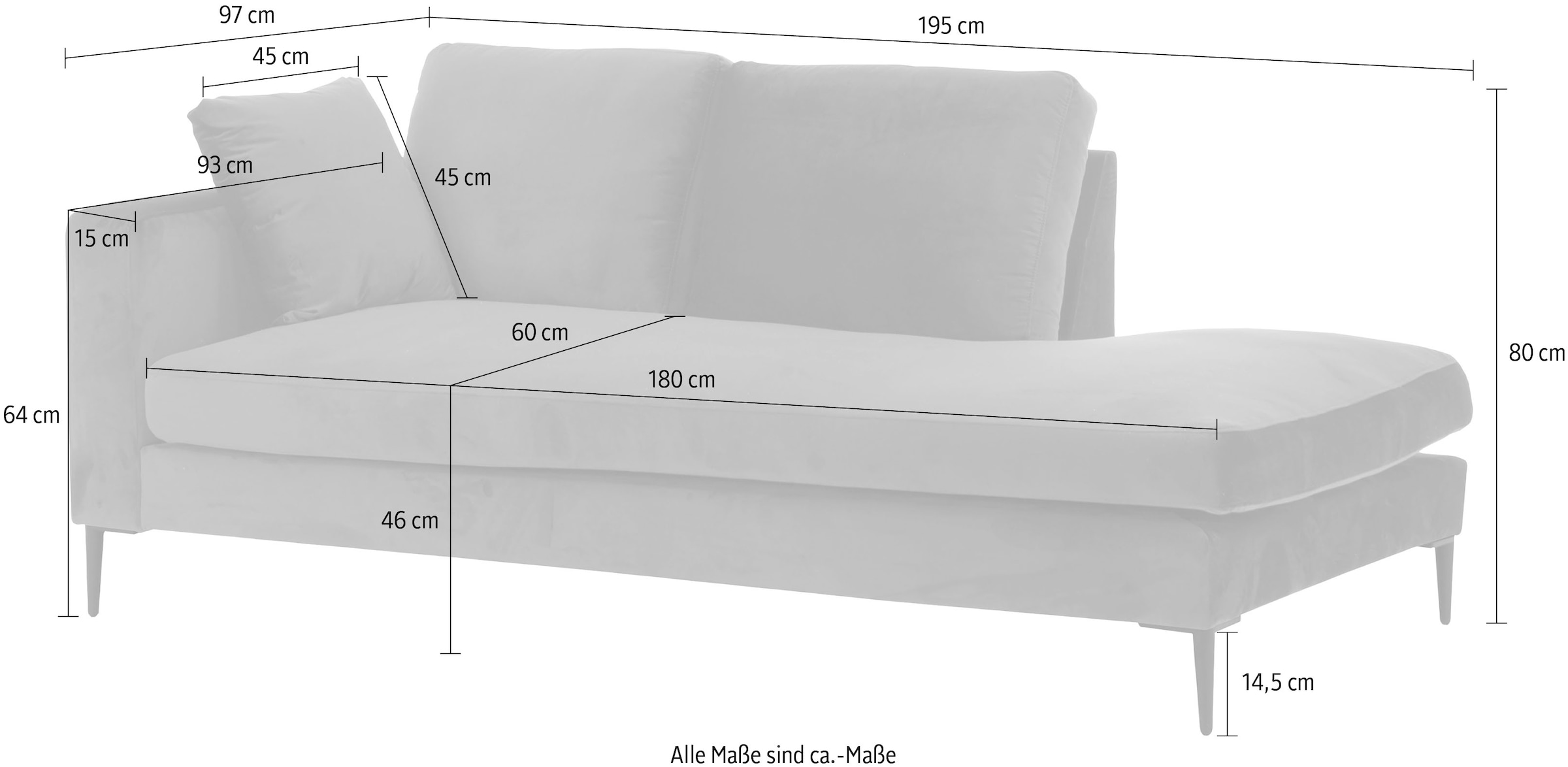 Leonique Recamiere »Cozy Chaiselongue, Maße B/T/H: 195/97/80 cm«, mit losen Kissen und Metallbeinen, Armlehne links oder rechts wählbar