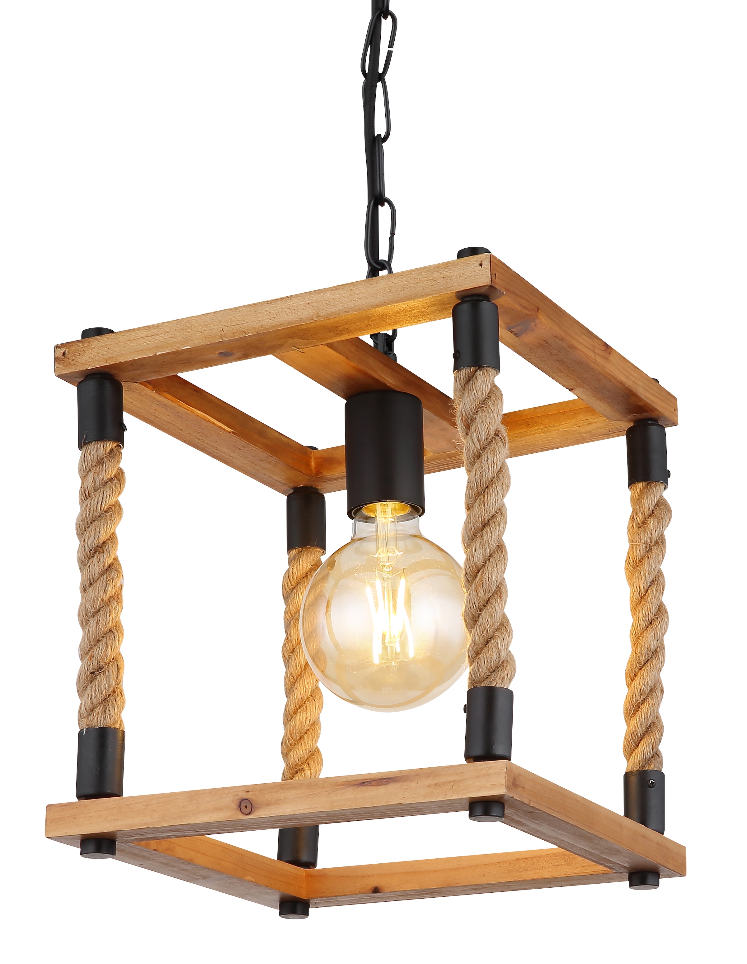 GLOBO LIGHTING Hängeleuchte »VERNON« E27 1 Stk. Schwarze Hängeleuchte mit Holz naturfarben, Hanf braun, E27