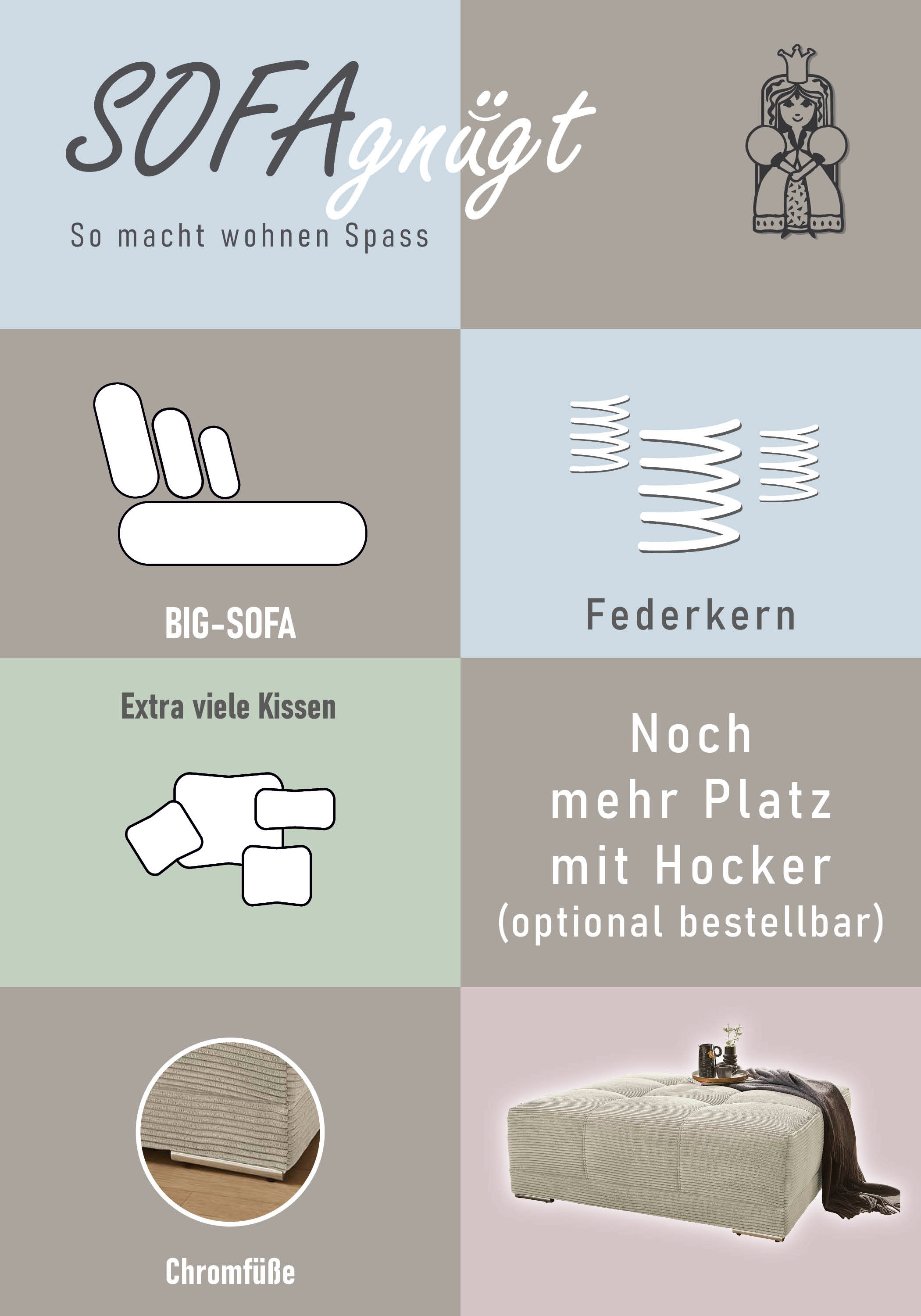 Jockenhöfer Gruppe Big-Sofa »Moldau, B. 306 cm, mit Federkernpolsterung, Liegefläche 120x240 cm« Mega-Sofa im XXL-Format, mit 8 Rückenkissen und 4 Zierkissen