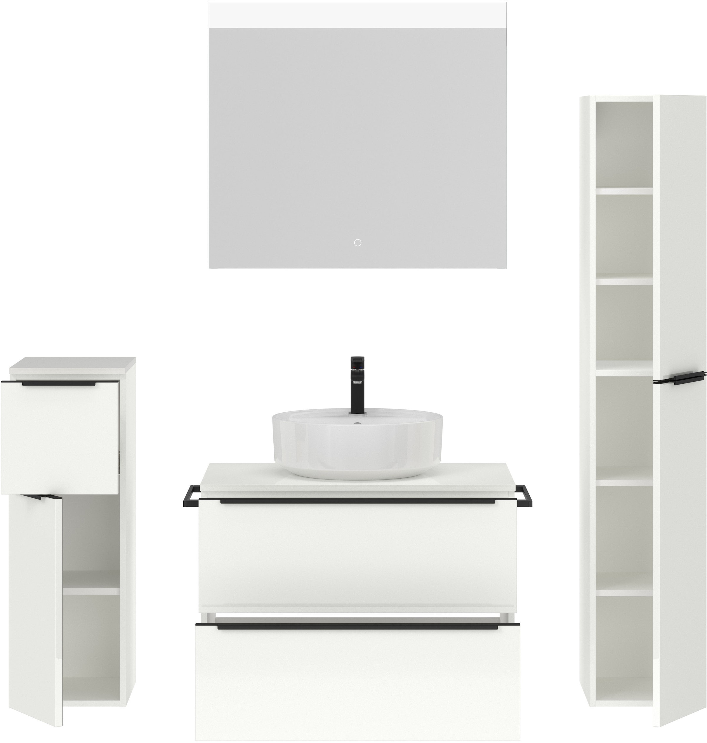nobilia® Badmöbel-Set »Alvene«, (4 St., vormontiert, mit Soft-Close), Hochglanz, inkl. Spiegel mit Touch-Sensor, in vier Breiten