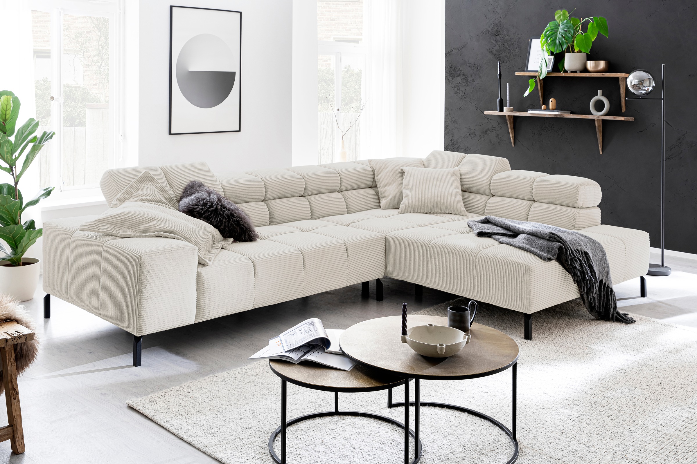 INOSIGN Ecksofa »Ancona New, wahlweise motorische Sitztiefenverstellung, auch in Cord«, feine Steppung, mit Kopfteilverstellung, 3 Zierkissen, L-Form