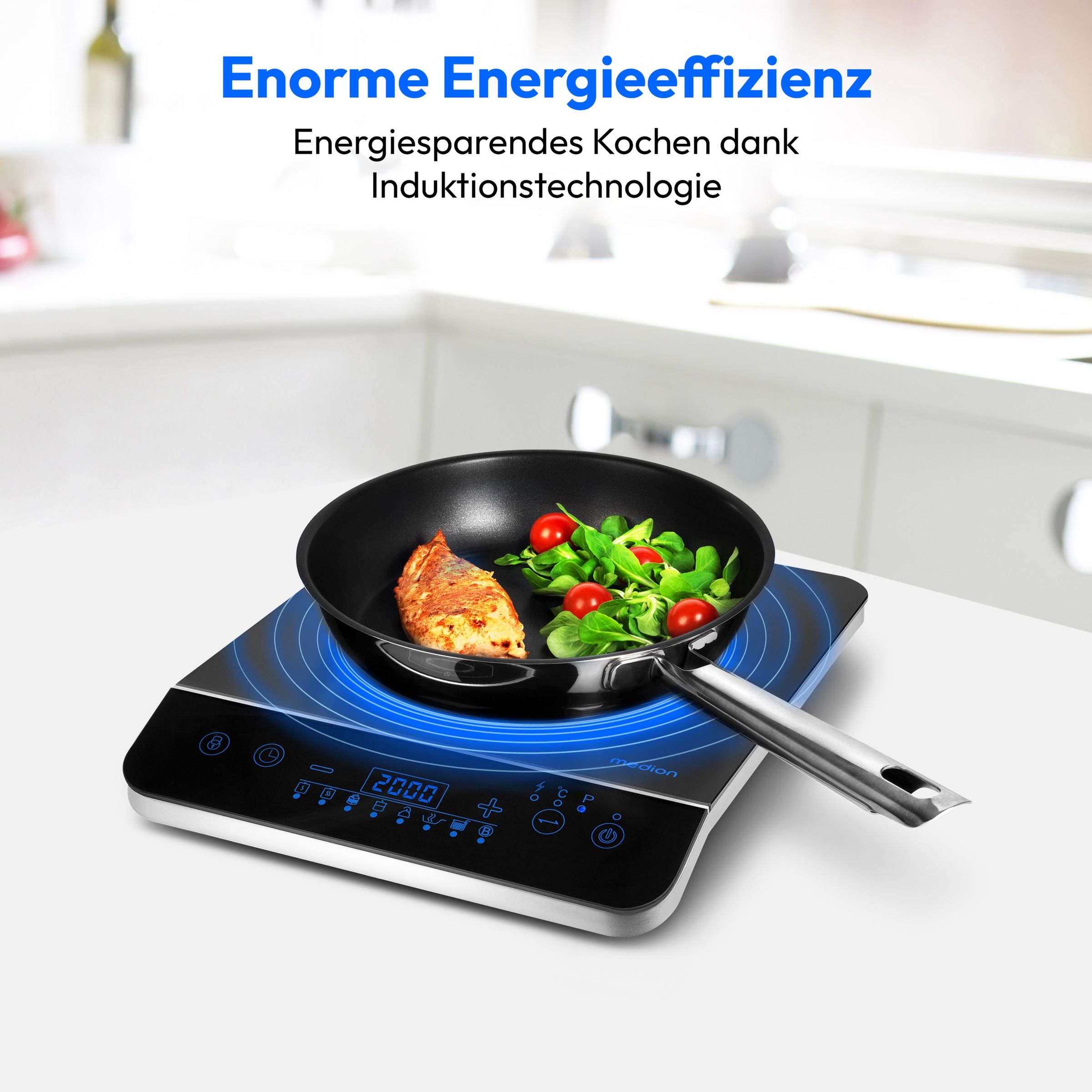 Medion® Einzel-Induktionskochplatte »MD 17595, 2000 W Induktionsleistung, automatische Topferkennung, Timer«, Temperaturbereich 60 - 240°, Sensor-Touch-Display, 10 Leistungsstufen