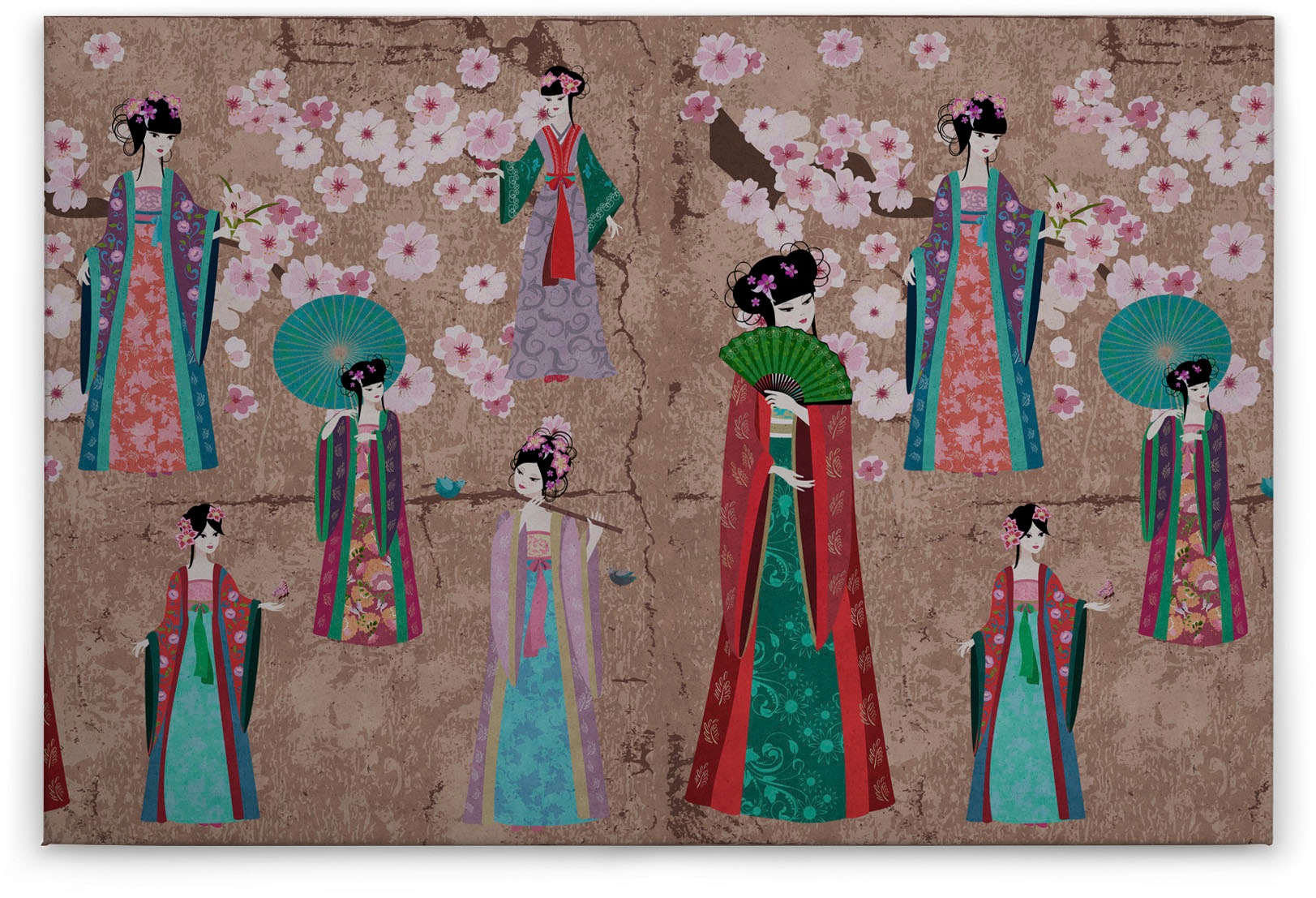 Bricoflor Wandbild Im Japan Stil Mit Kimono Und Kirschblüten Buntes Leinwan günstig online kaufen
